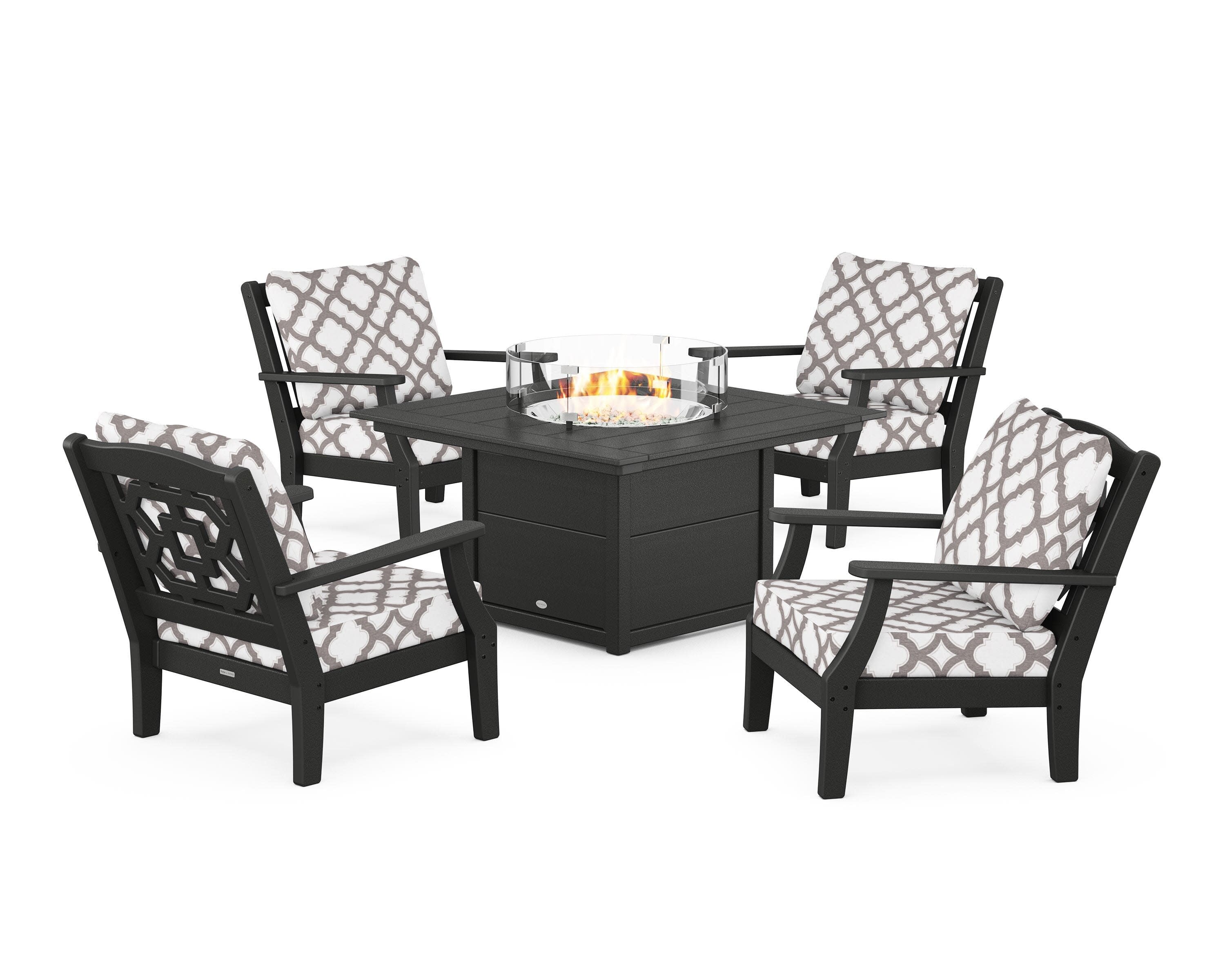 Chinoiserie 5-Piece Deep Seating Set with Fire Pit Table in Black / Trellis Grey Mist