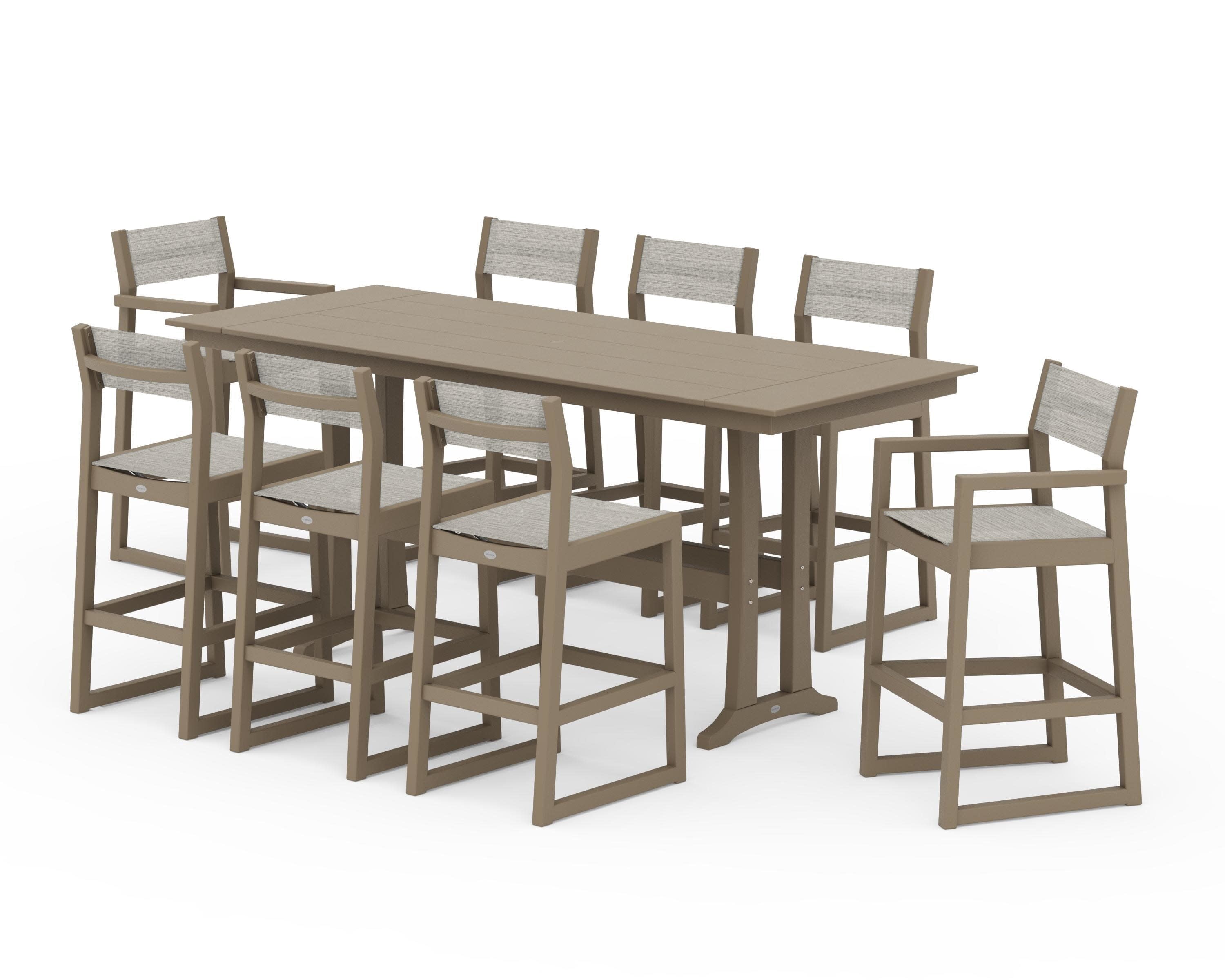 EDGE Sling 9-Piece Farmhouse Bar Set with Trestle Legs in Vintage Sahara / Birch Sling