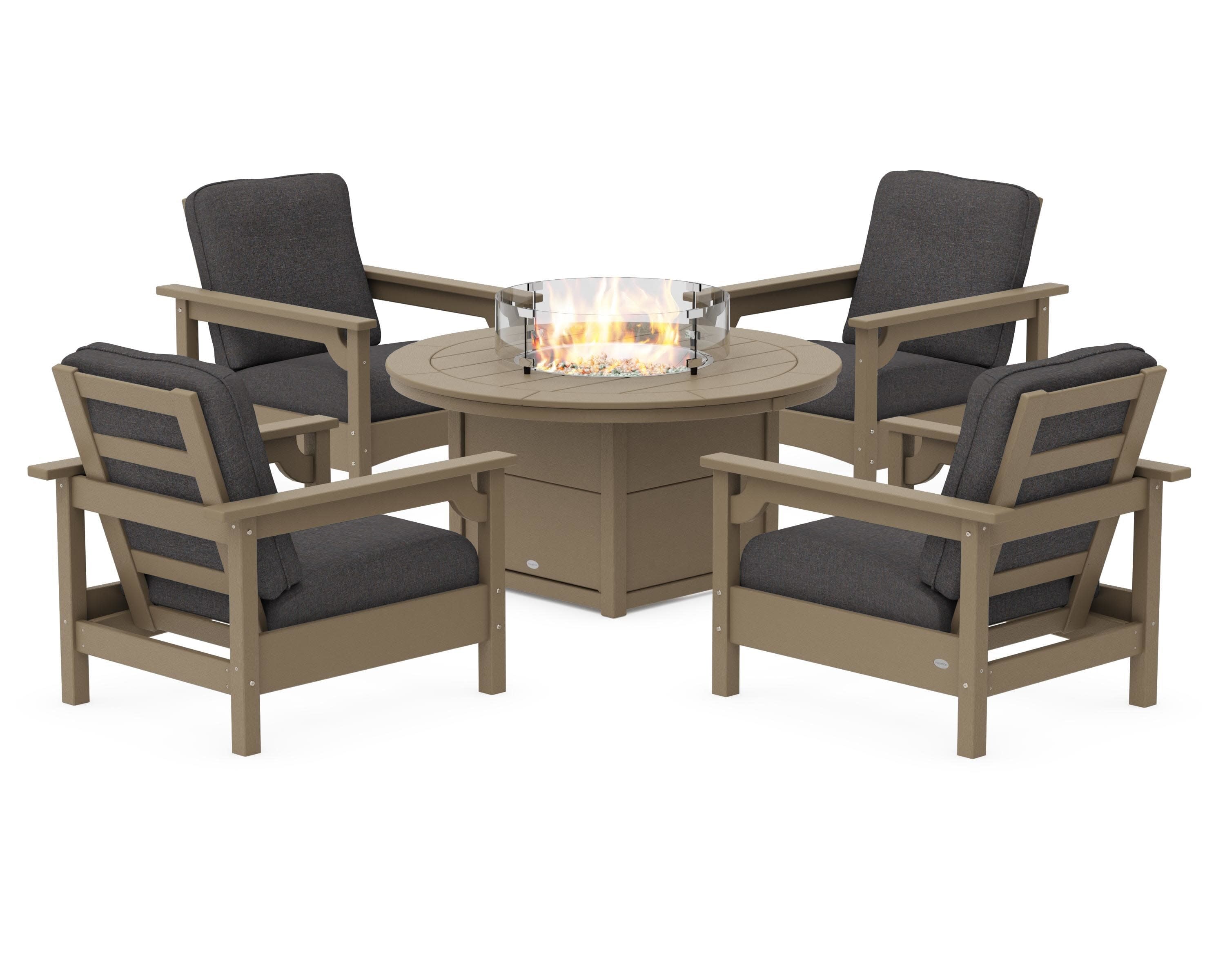 Club 5-Piece Conversation Set with Fire Pit Table in Vintage Sahara / Ash Charcoal
