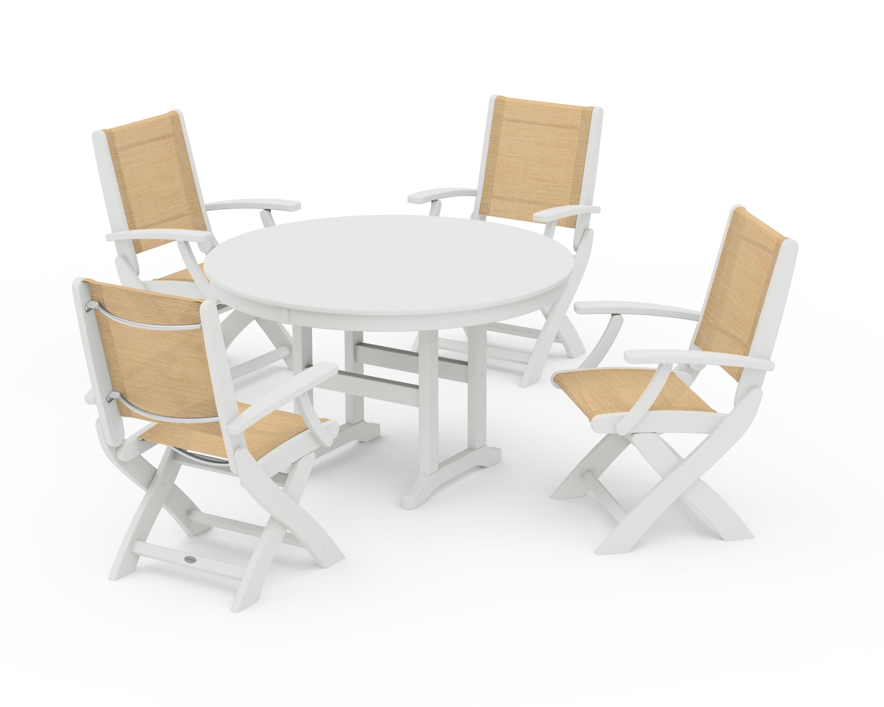Coastal Folding Chair 5-Piece Round Dining Set in Vintage White / Dupioni Apricot Sling