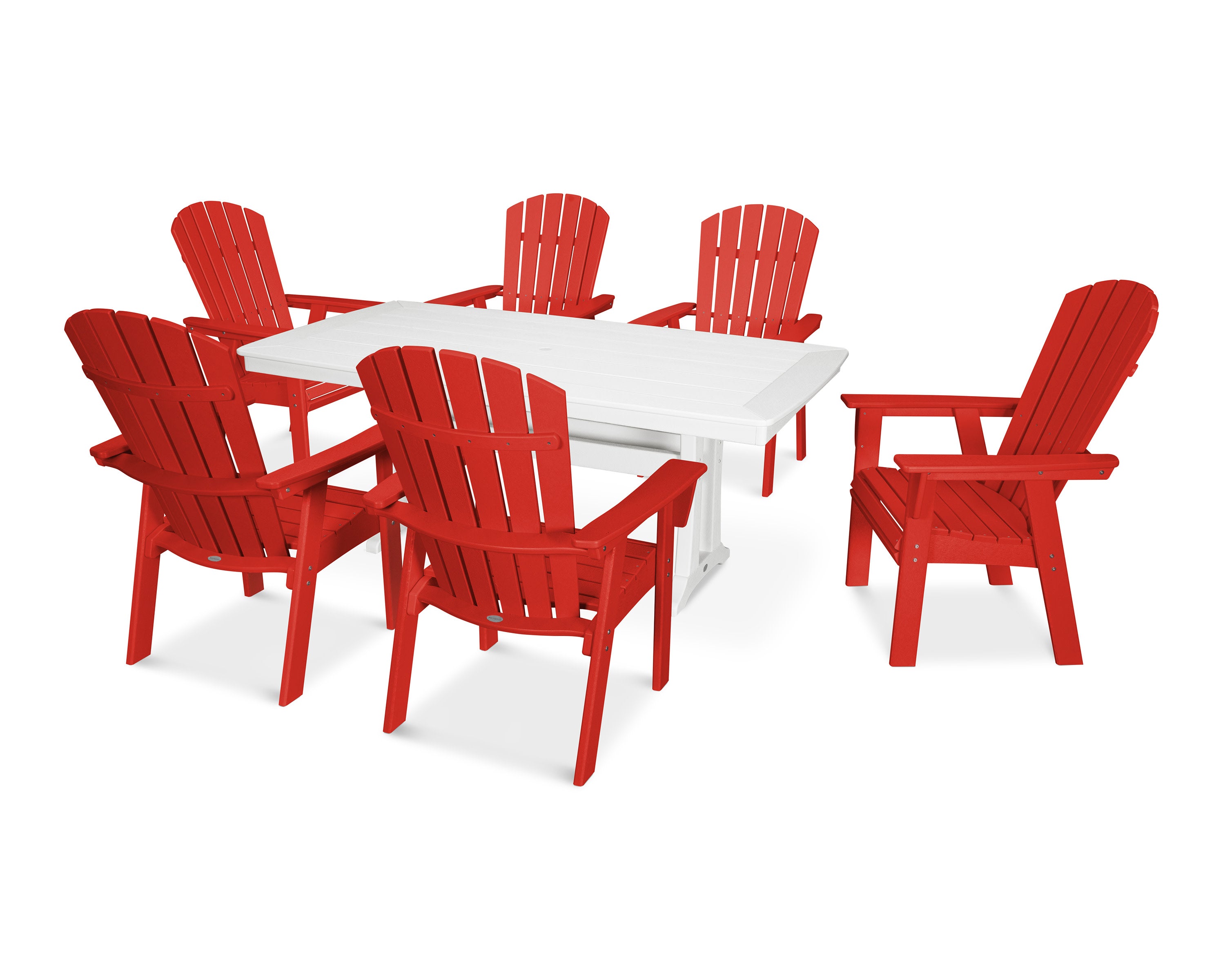 Nautical Curveback Adirondack 7-Piece Dining Set with Trestle Legs in Sunset Red / White