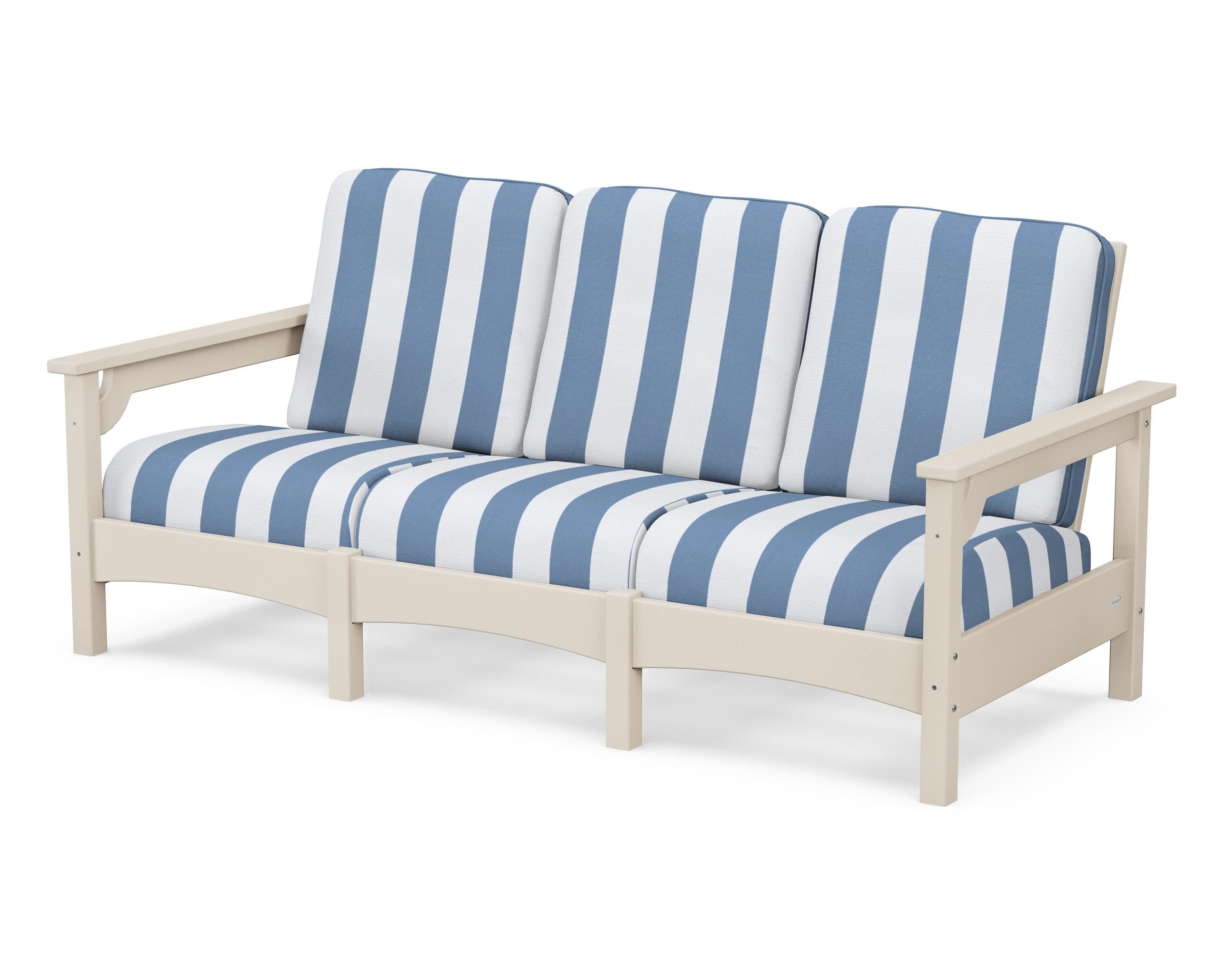 Club Sofa in Sand / Cabana Stripe Sky Blue