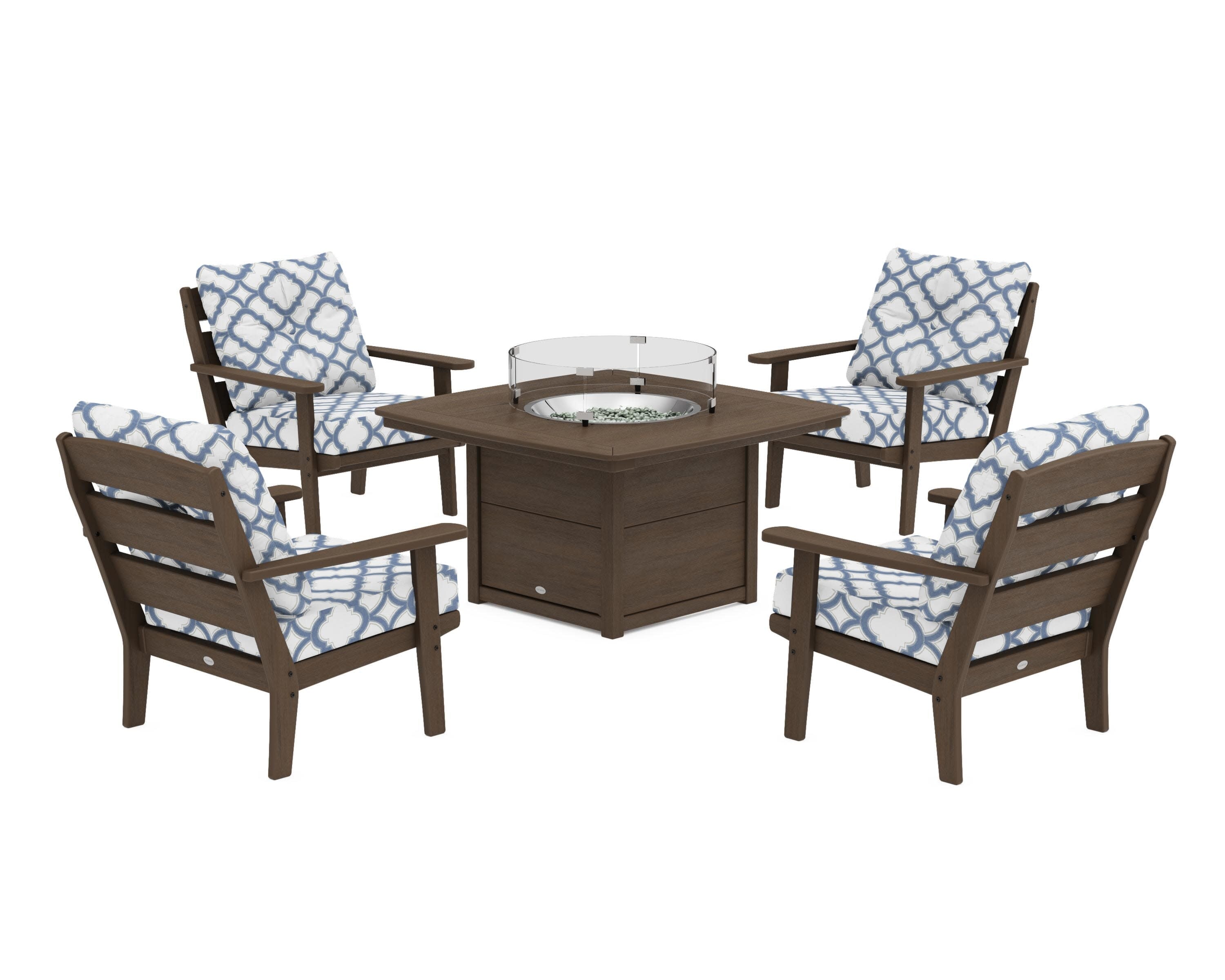 Lakeside 5-Piece Deep Seating Set with Nautical Fire Pit Table in Kona / Trellis Sky Blue
