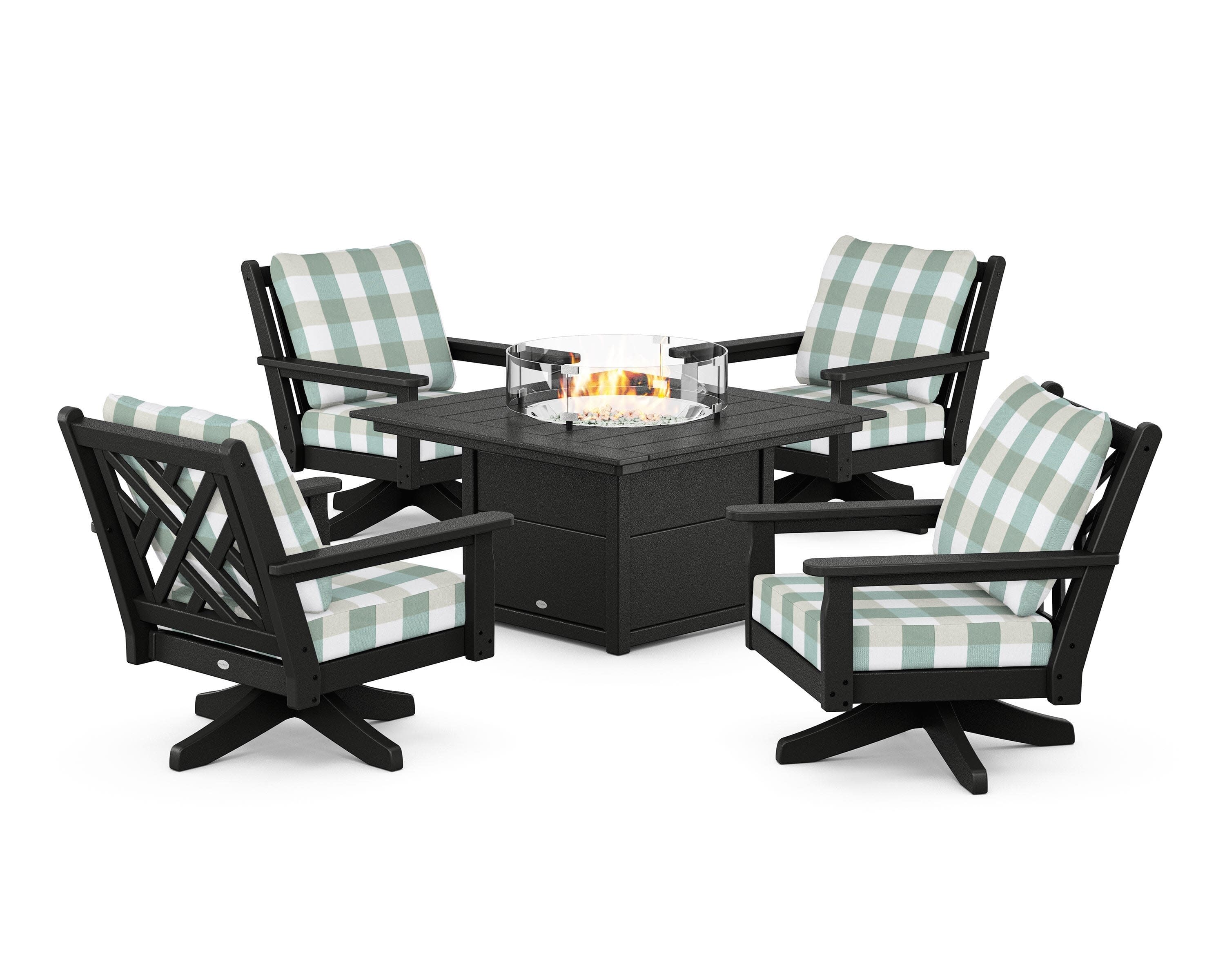 Chippendale 5-Piece Deep Seating Swivel Conversation Set with Fire Pit Table in Black / Buffalo Plaid Glacier Spa
