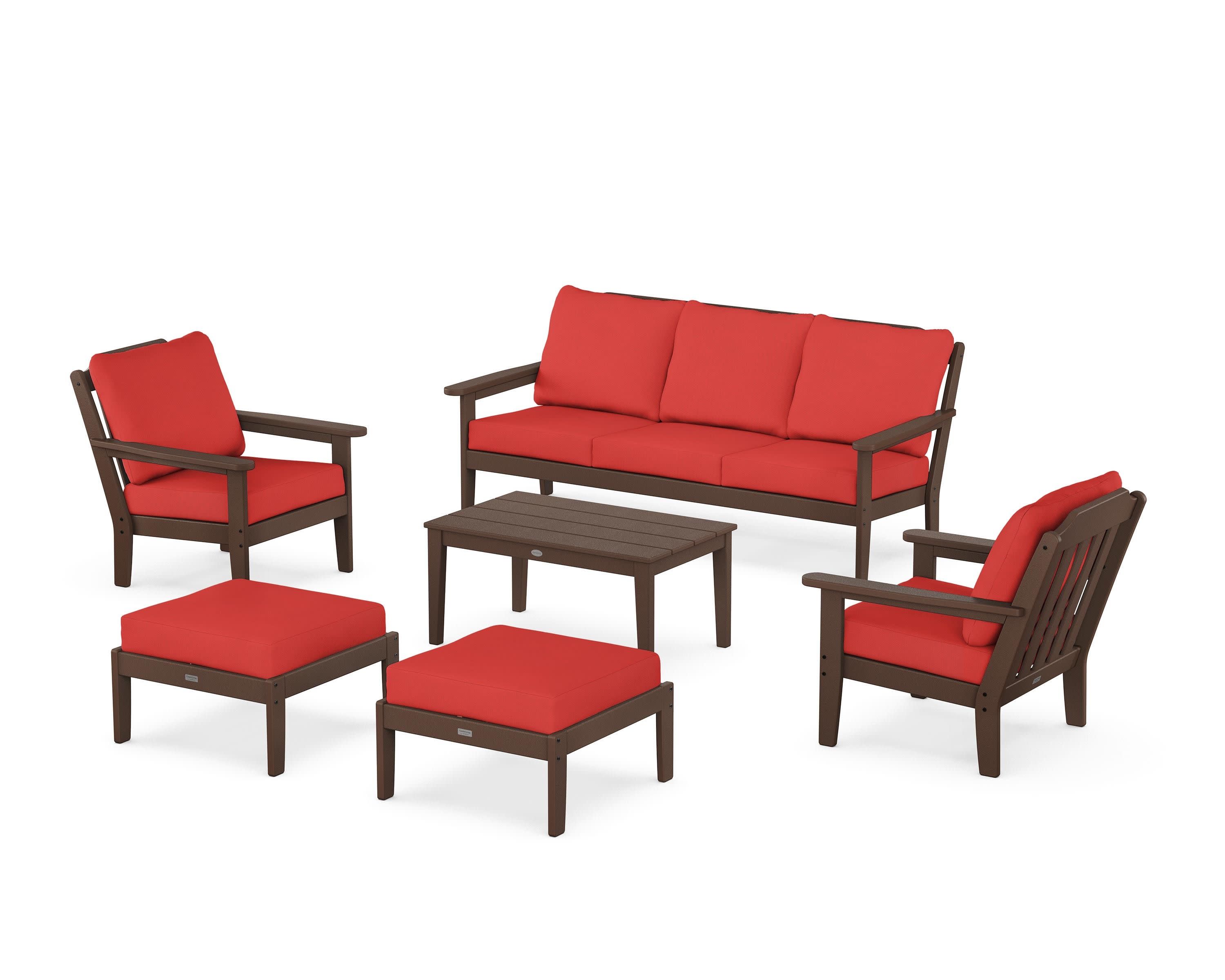 Cottage 6-Piece Lounge Sofa Set in Mahogany / Crimson Linen