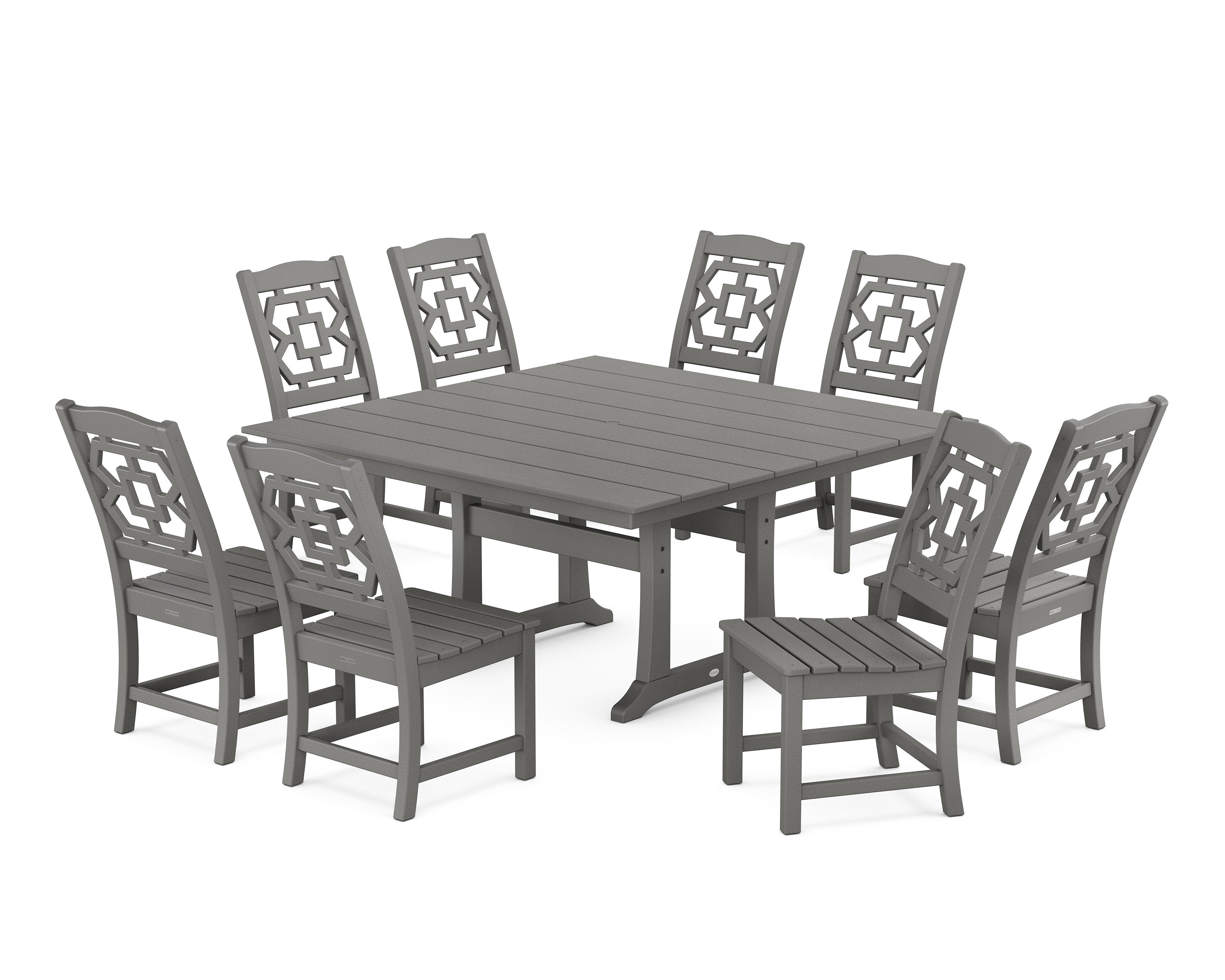 Chinoiserie 9-Piece Square Farmhouse Side Chair Dining Set with Trestle Legs