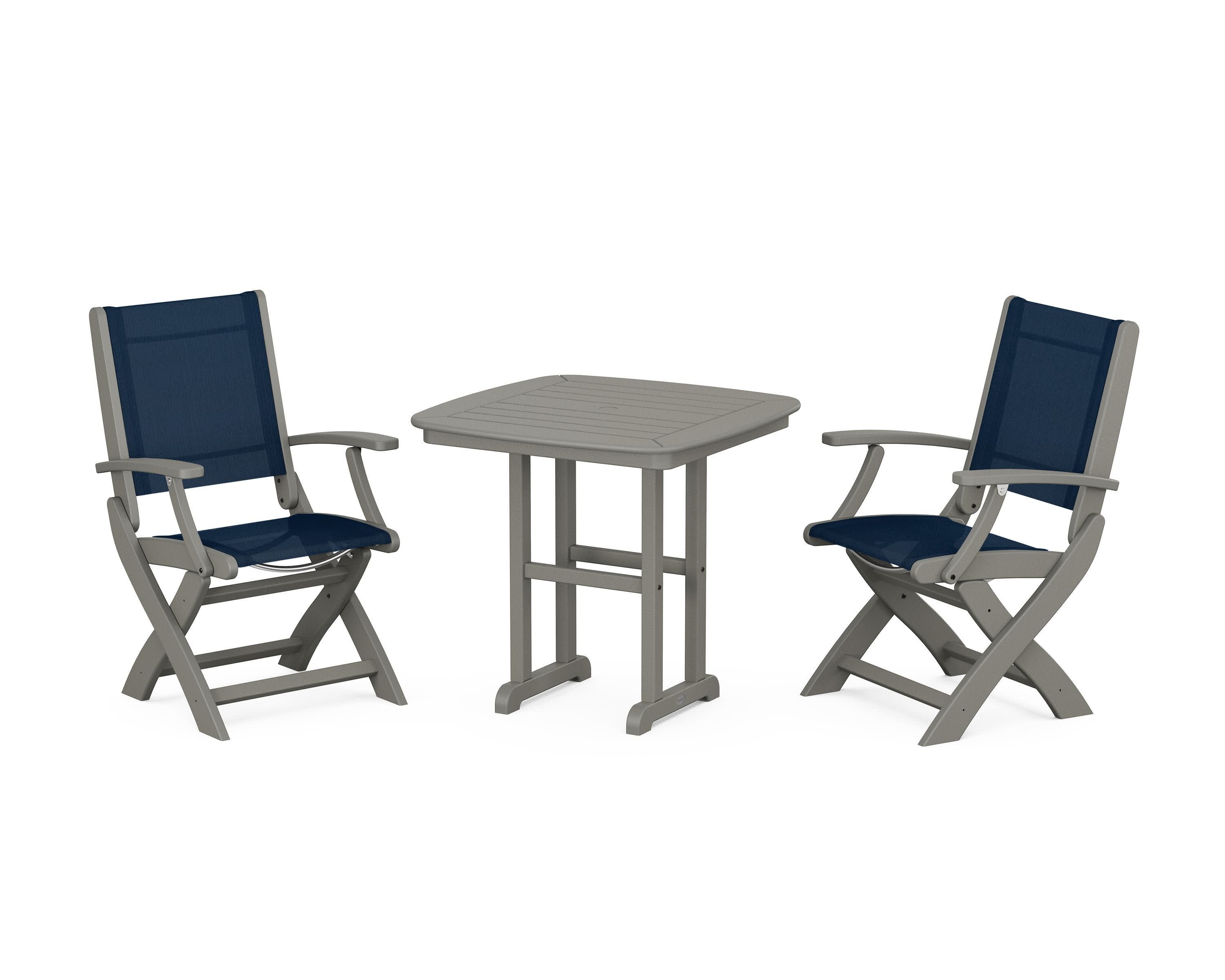 Coastal Folding Chair 3-Piece Dining Set in Slate Grey / Navy Blue Sling