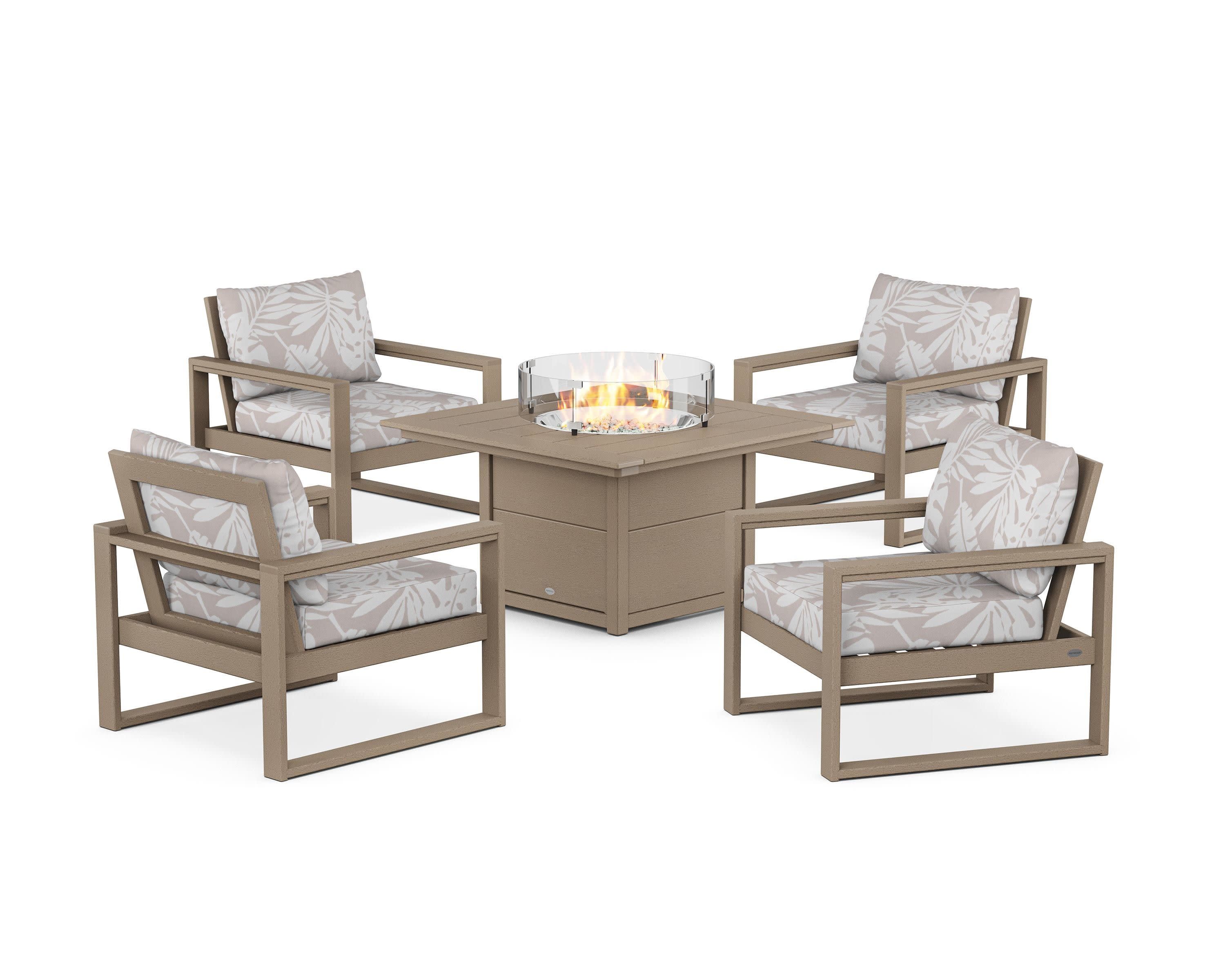 EDGE Sectional 5-Piece Deep Seating Set with Fire Pit Table in Vintage Sahara / Leaf Dune Burlap
