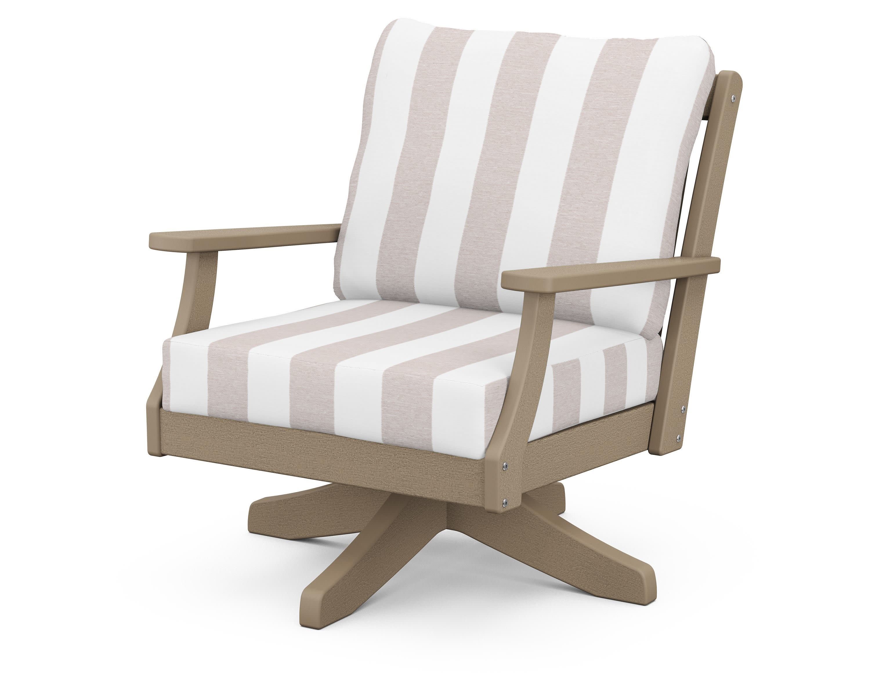 Braxton Deep Seating Swivel Chair in Vintage Sahara / Cabana Stripe Dune Burlap