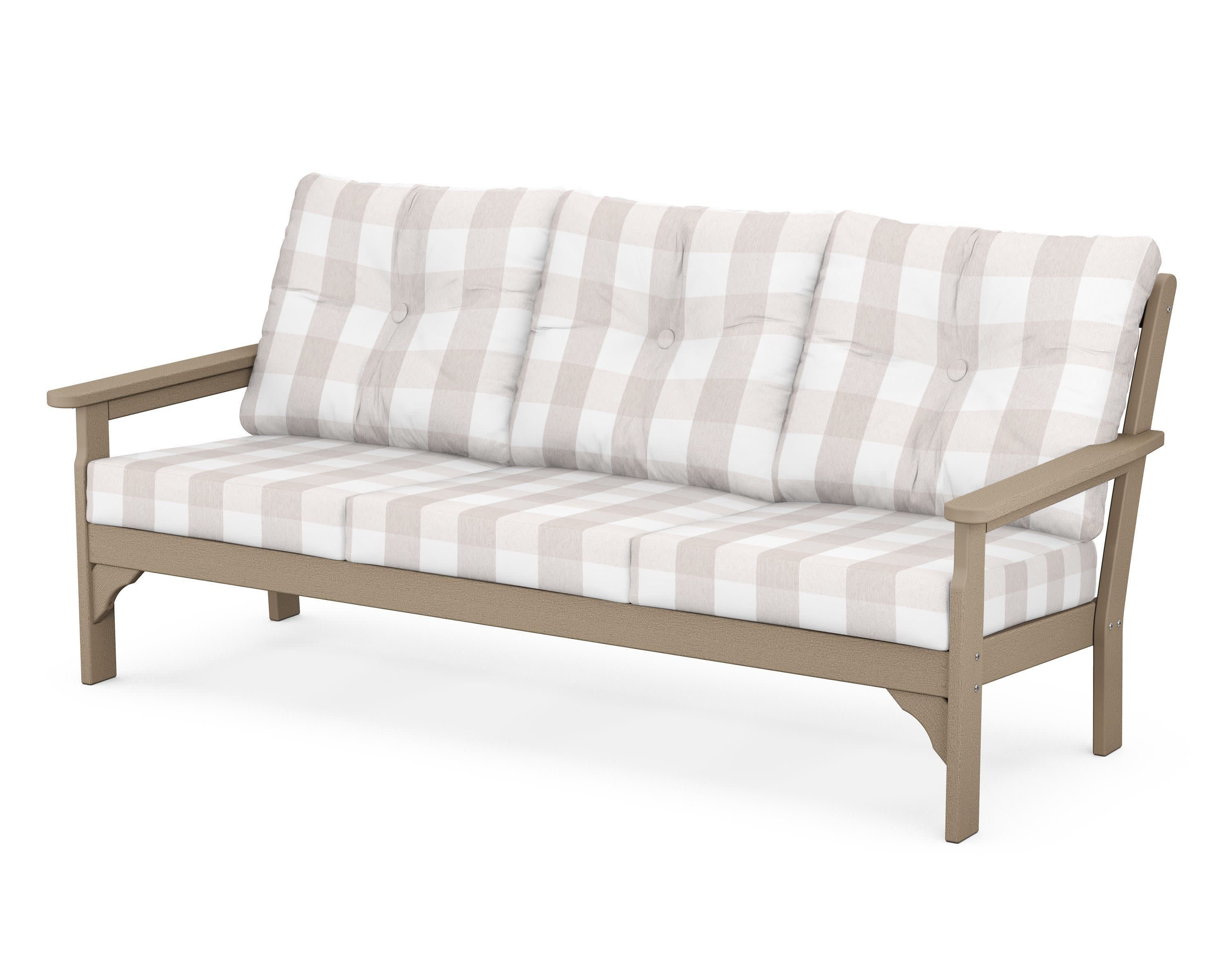 Vineyard Deep Seating Sofa in Vintage Sahara / Buffalo Plaid Dune Burlap