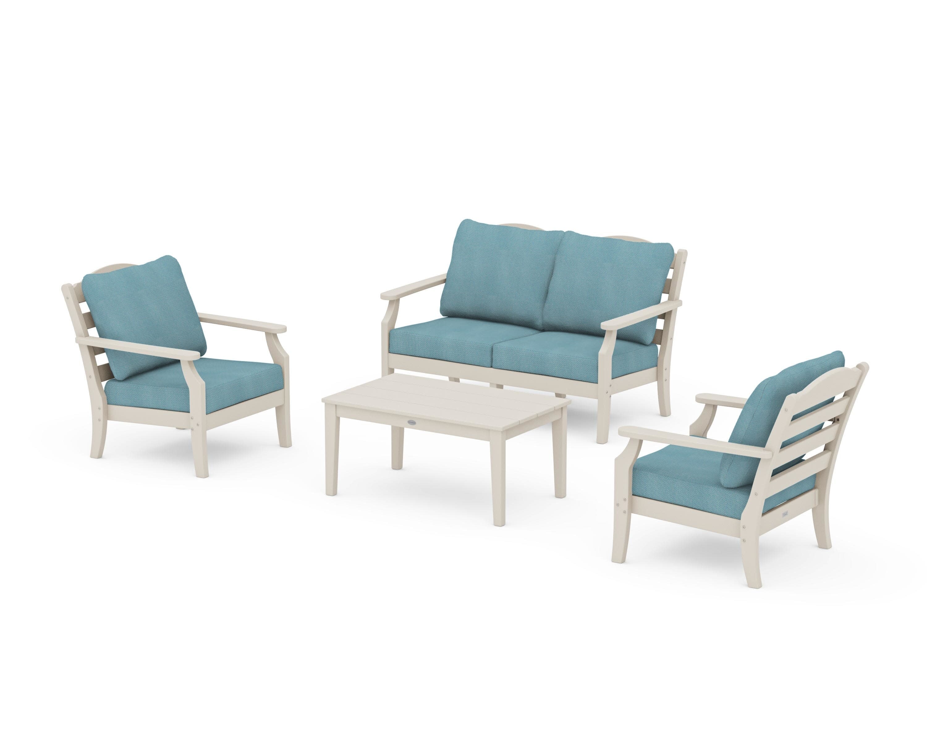 Savannah 4-Piece Deep Seating Set with Loveseat in Sand / Lattice Sky Blue