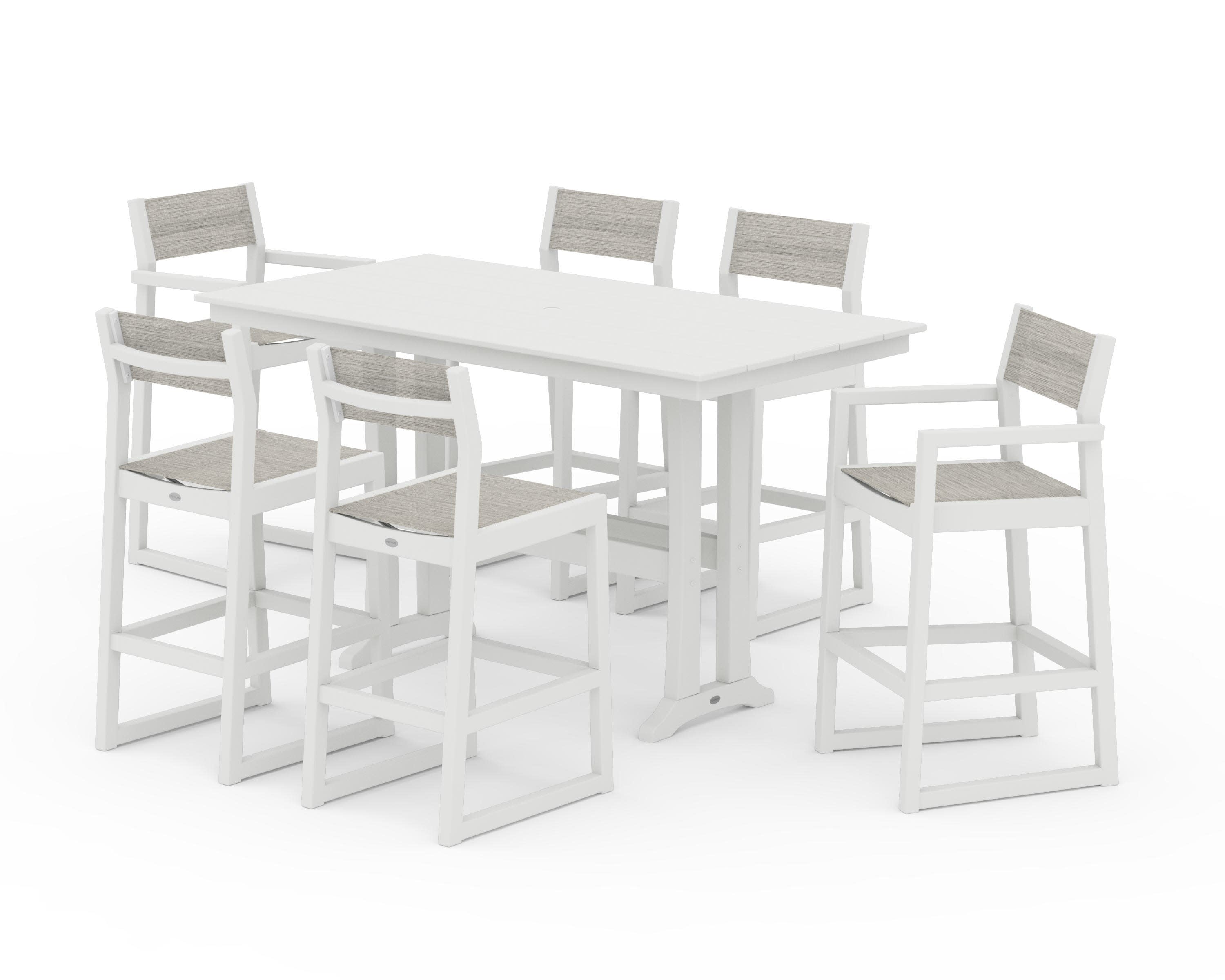 EDGE Sling 7-Piece Farmhouse Bar Set with Trestle Legs in Vintage White / Birch Sling