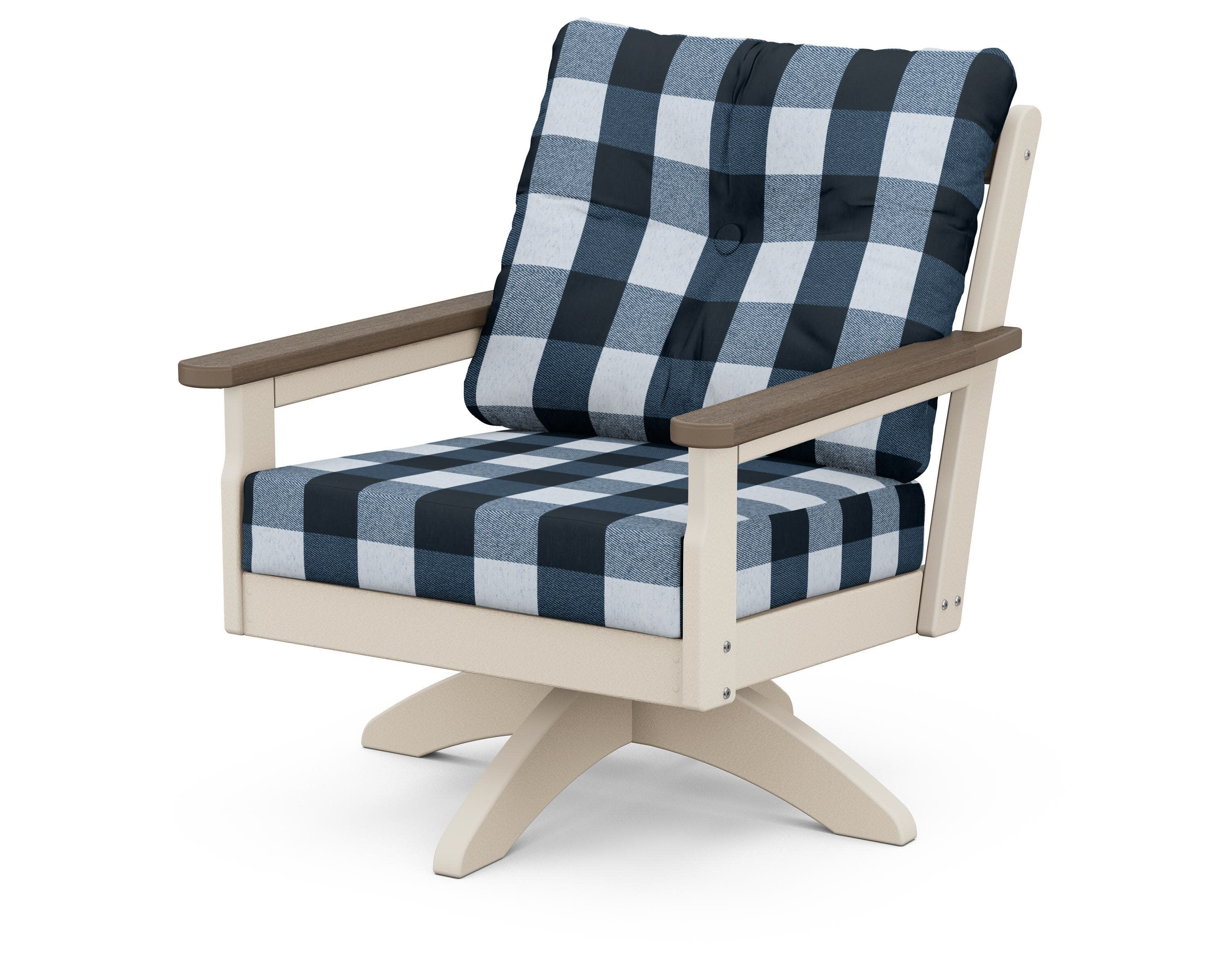 Vineyard Deep Seating Swivel Chair in Sand / Kona / Buffalo Plaid Marine Indigo