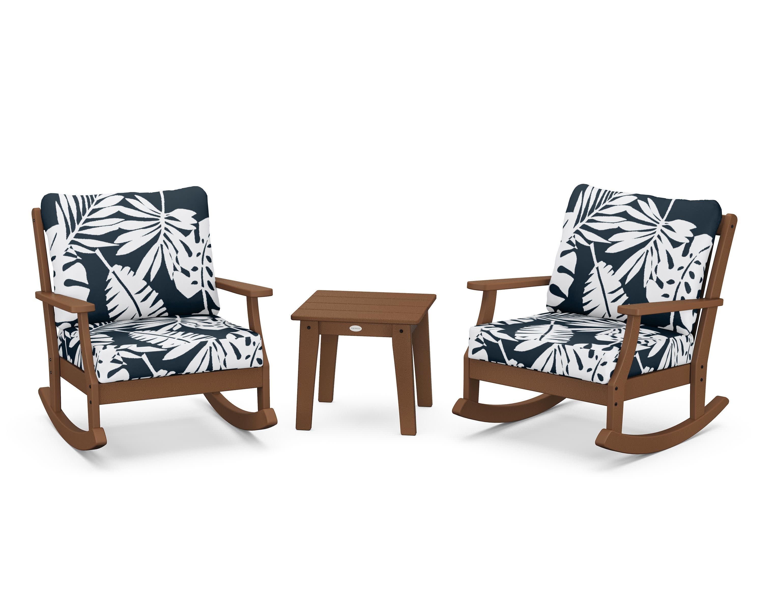 Braxton 3-Piece Deep Seating Rocker Set in Teak / Leaf Marine Indigo