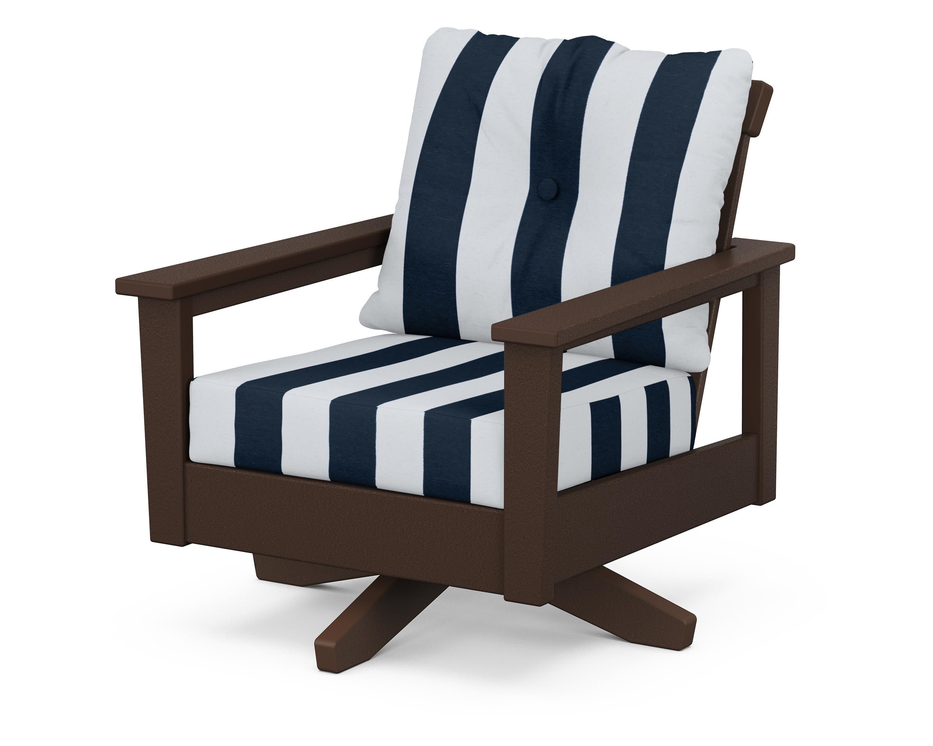Prescott Deep Seating Swivel Chair in Mahogany / Cabana Stripe Marine Indigo