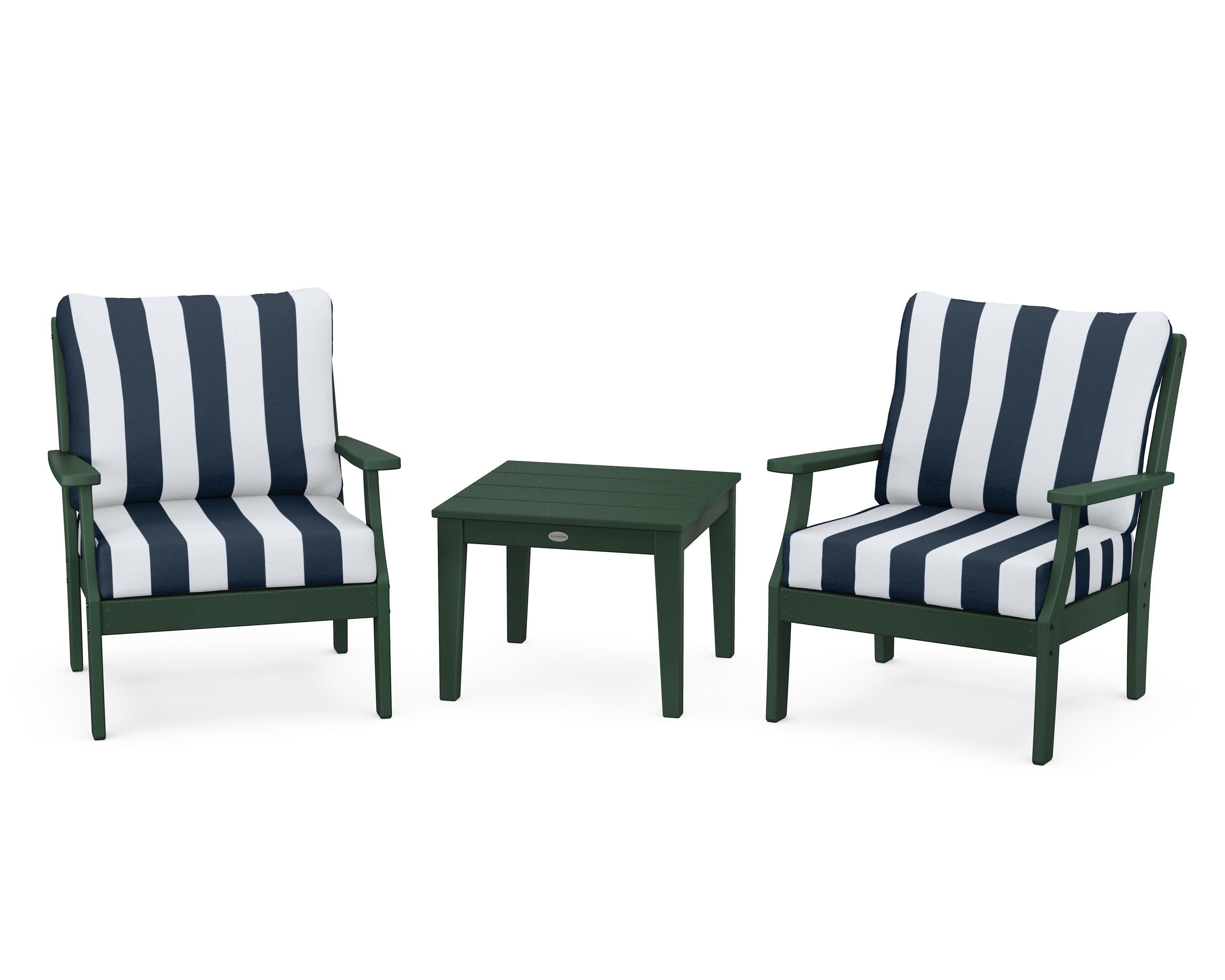 Braxton 3-Piece Deep Seating Set in Green / Cabana Stripe Marine Indigo