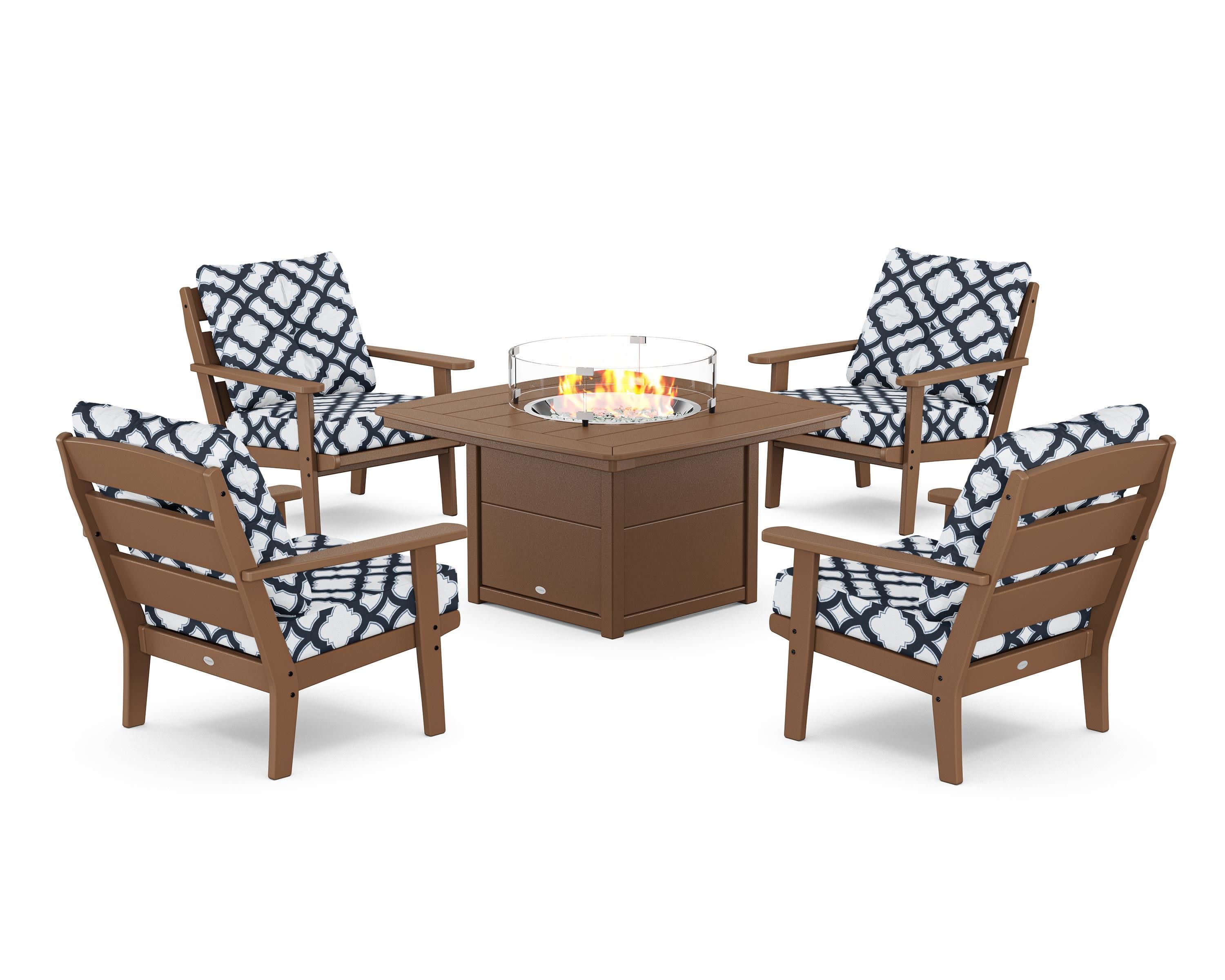 Lakeside 5-Piece Deep Seating Set with Nautical Fire Pit Table in Teak / Trellis Marine Indigo