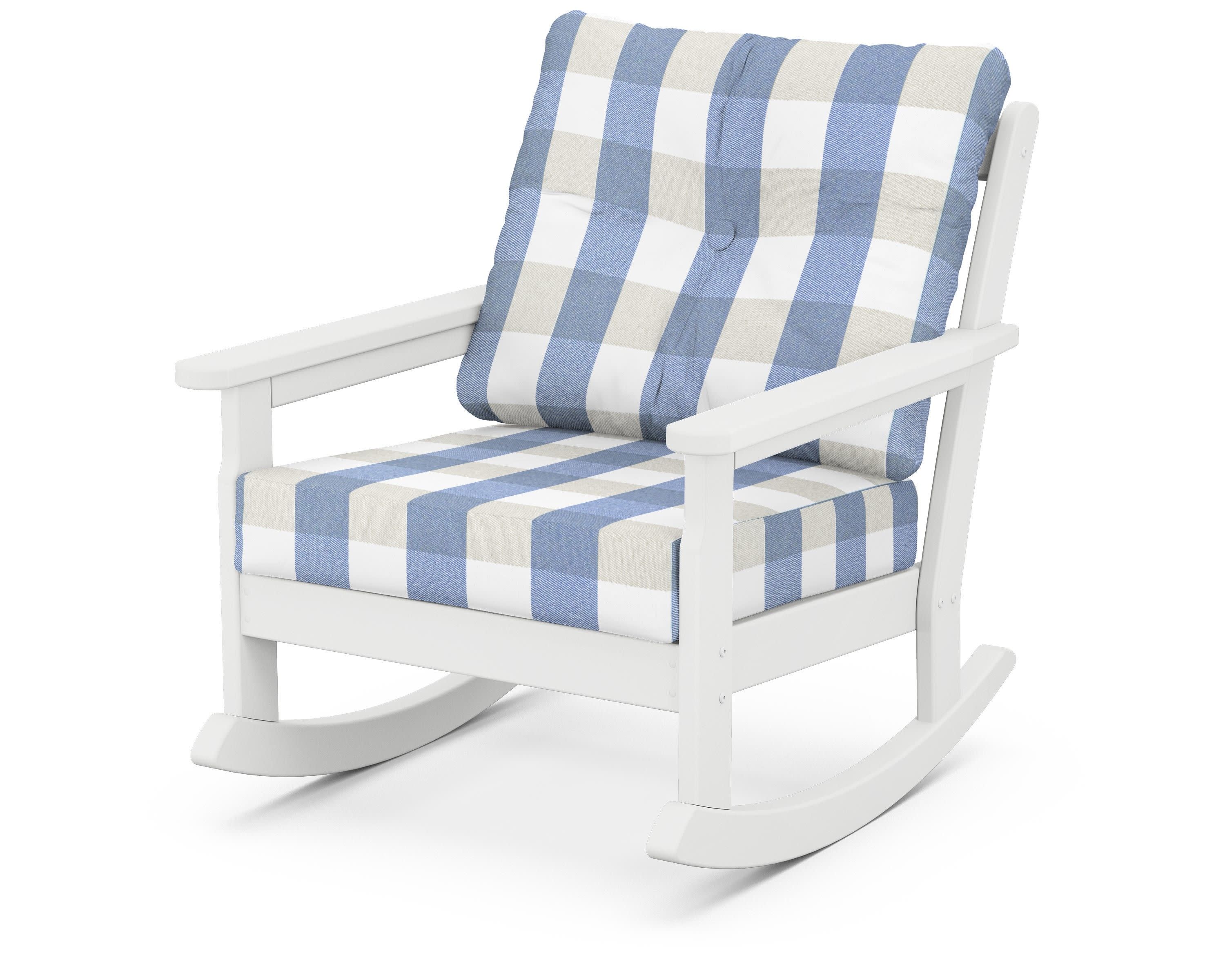 Vineyard Deep Seating Rocking Chair in White / Buffalo Plaid Sky Blue