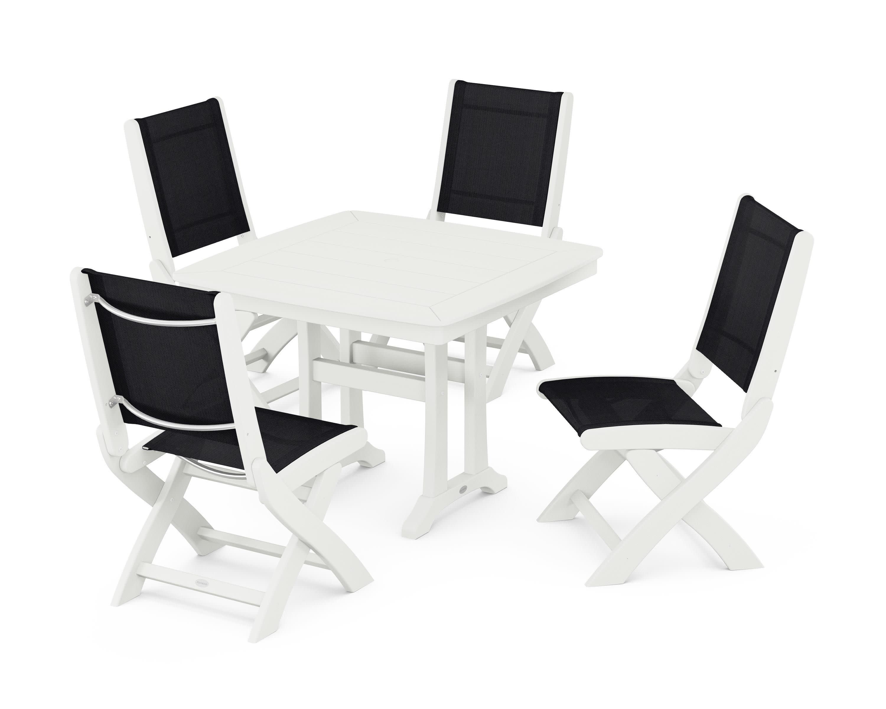 Coastal Folding Side Chair 5-Piece Dining Set with Trestle Legs in Vintage White / Black Sling