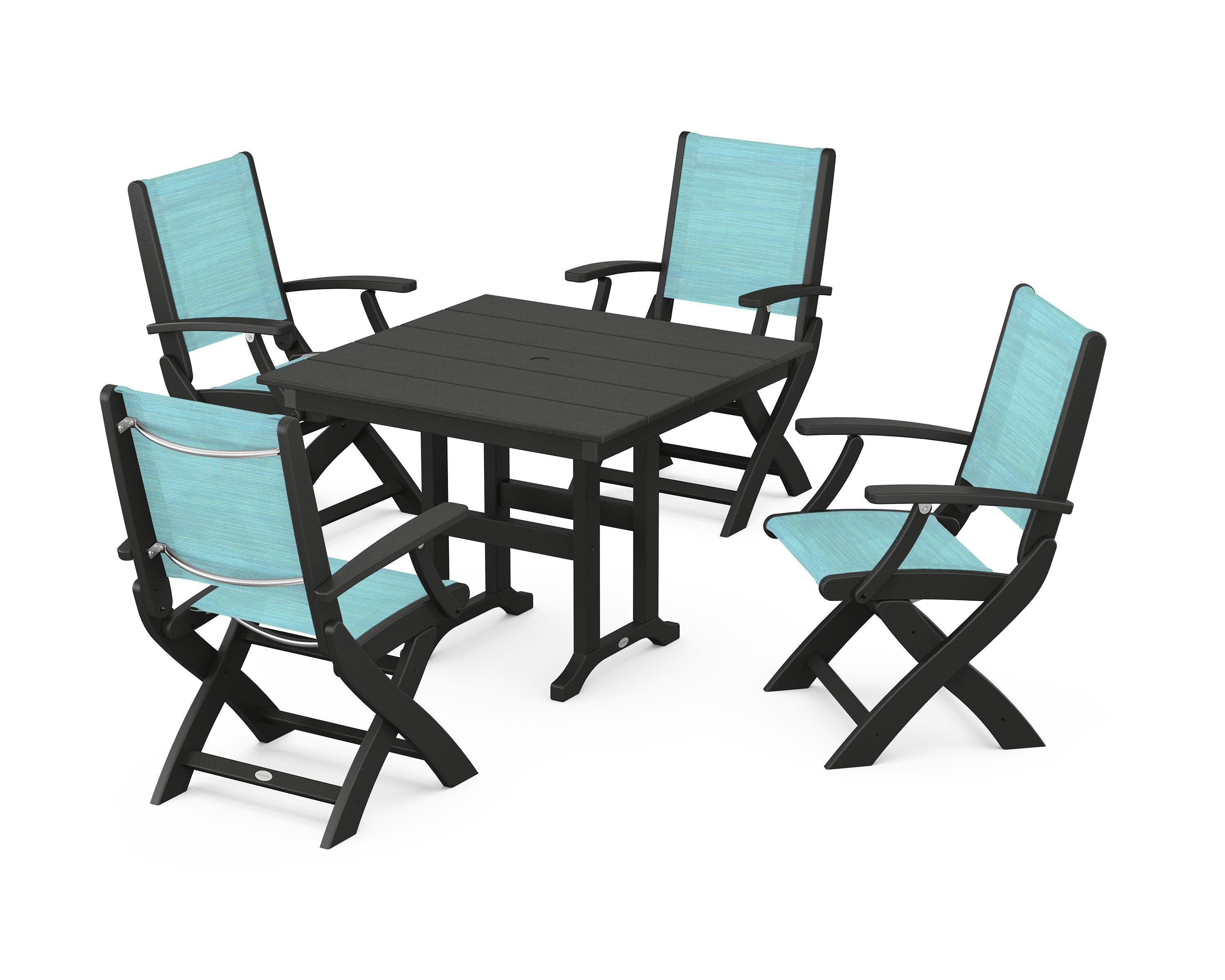 Coastal Folding Chair 5-Piece Farmhouse Dining Set in Black / Dupioni Aquamarine Sling