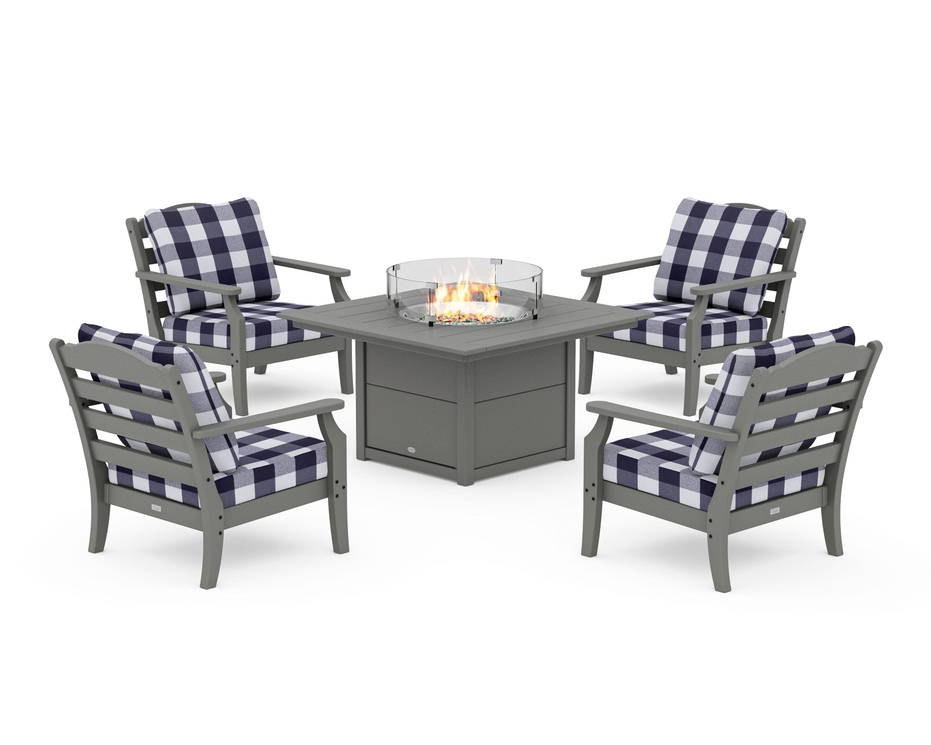 Savannah 5-Piece Deep Seating Set with Fire Pit Table in Slate Grey / Buffalo Plaid Navy
