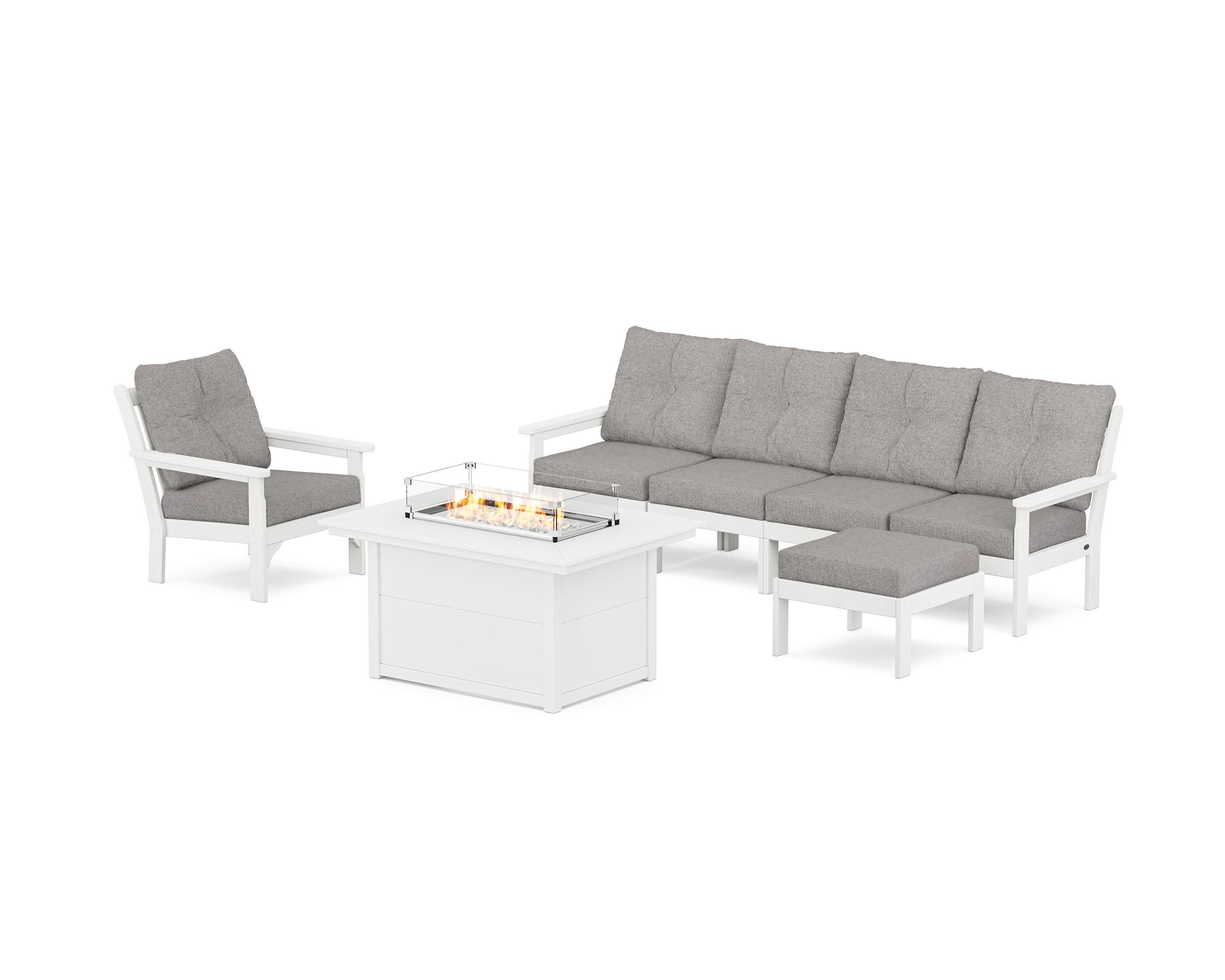 Vineyard Sectional Lounge and Fire Pit Set in White / Grey Mist
