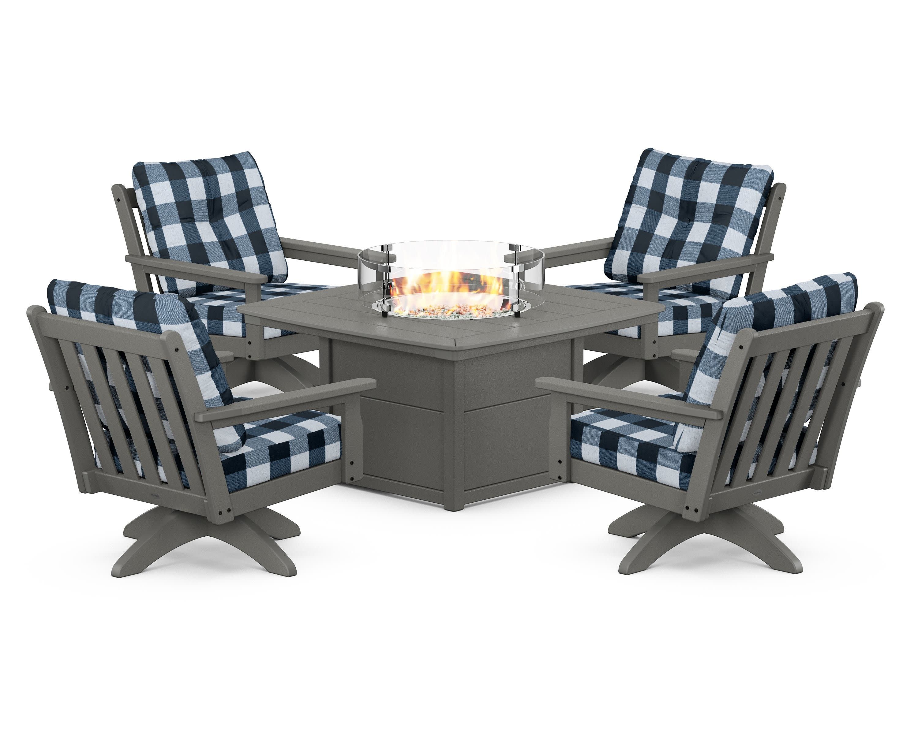 Vineyard 5-Piece Deep Seating Swivel Conversation Set with Fire Pit Table in Slate Grey / Buffalo Plaid Marine Indigo