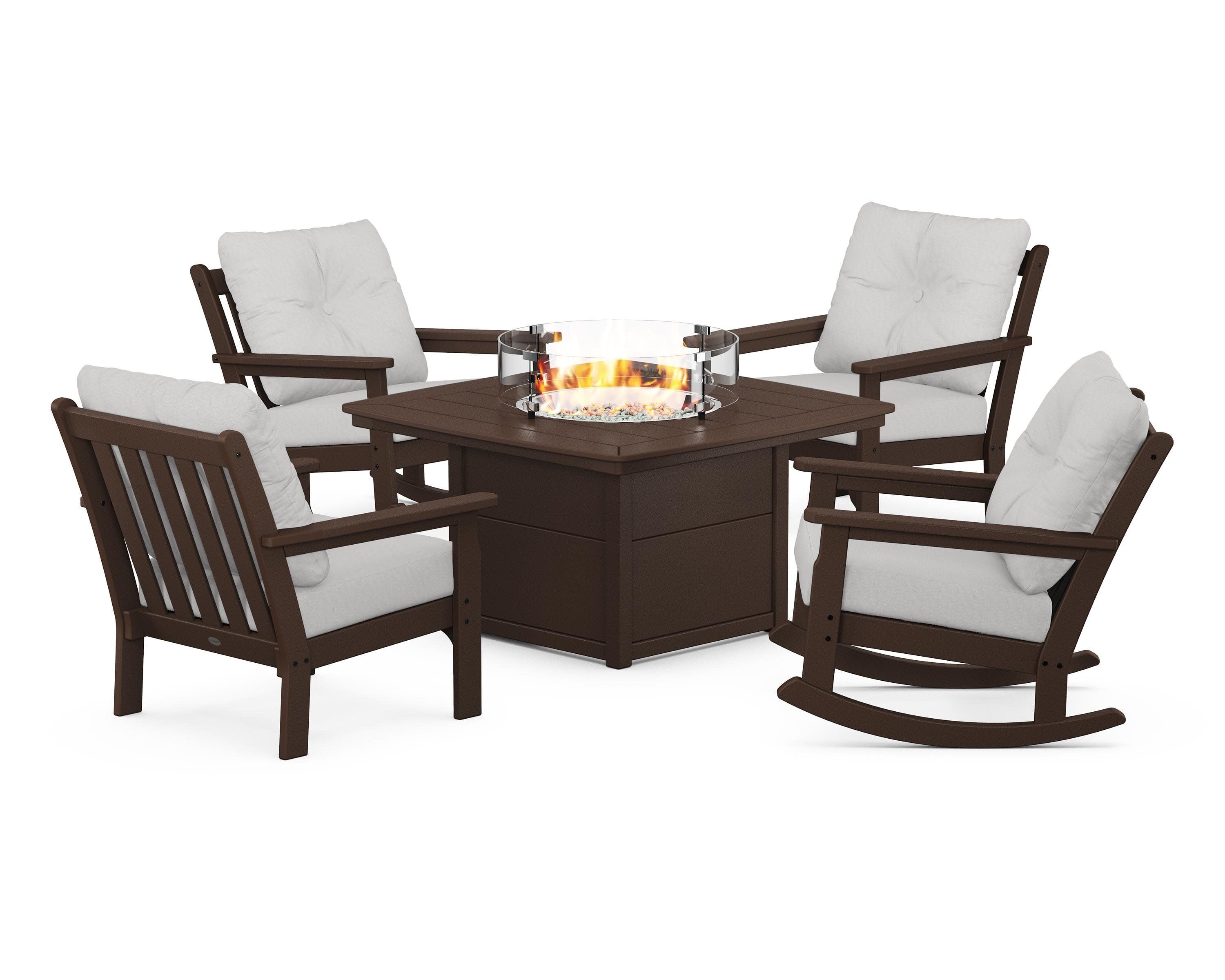 Vineyard 5-Piece Deep Seating Rocking Chair Conversation Set with Fire Pit Table in Mahogany / Diamond in the Rough