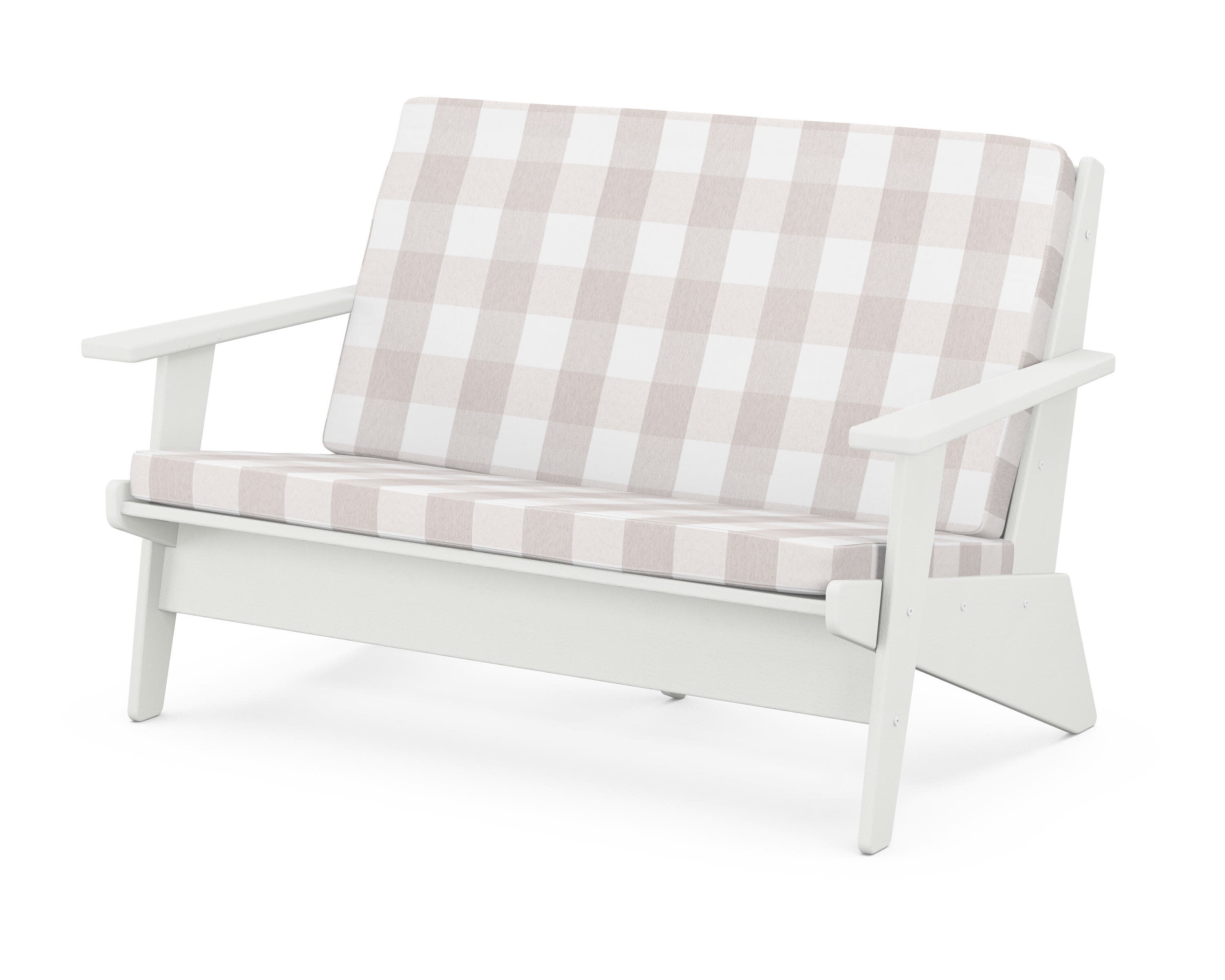 Riviera Modern Lounge Loveseat in Vintage White / Buffalo Plaid Dune Burlap