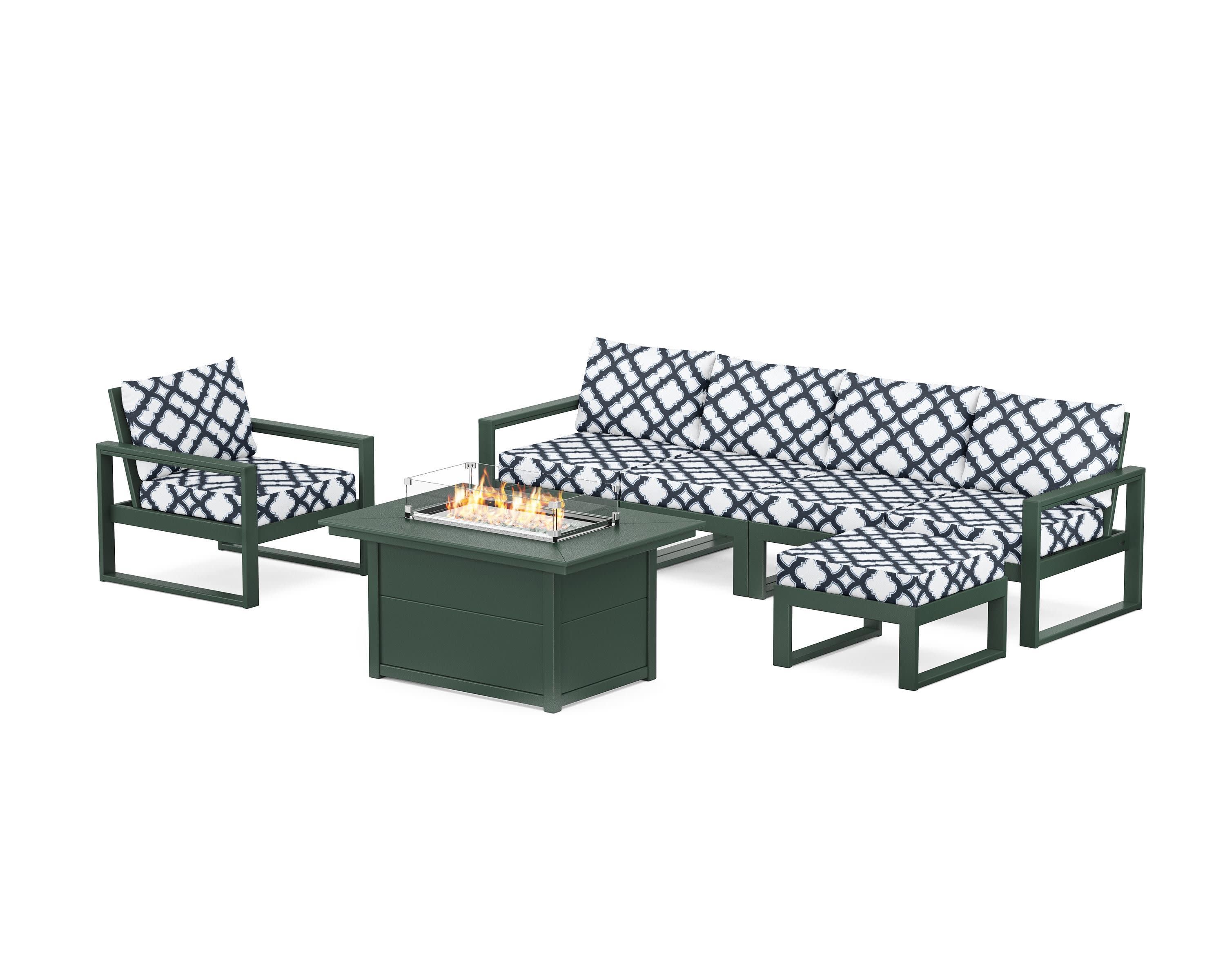 EDGE Sectional Lounge and Fire Pit Set in Green / Trellis Marine Indigo