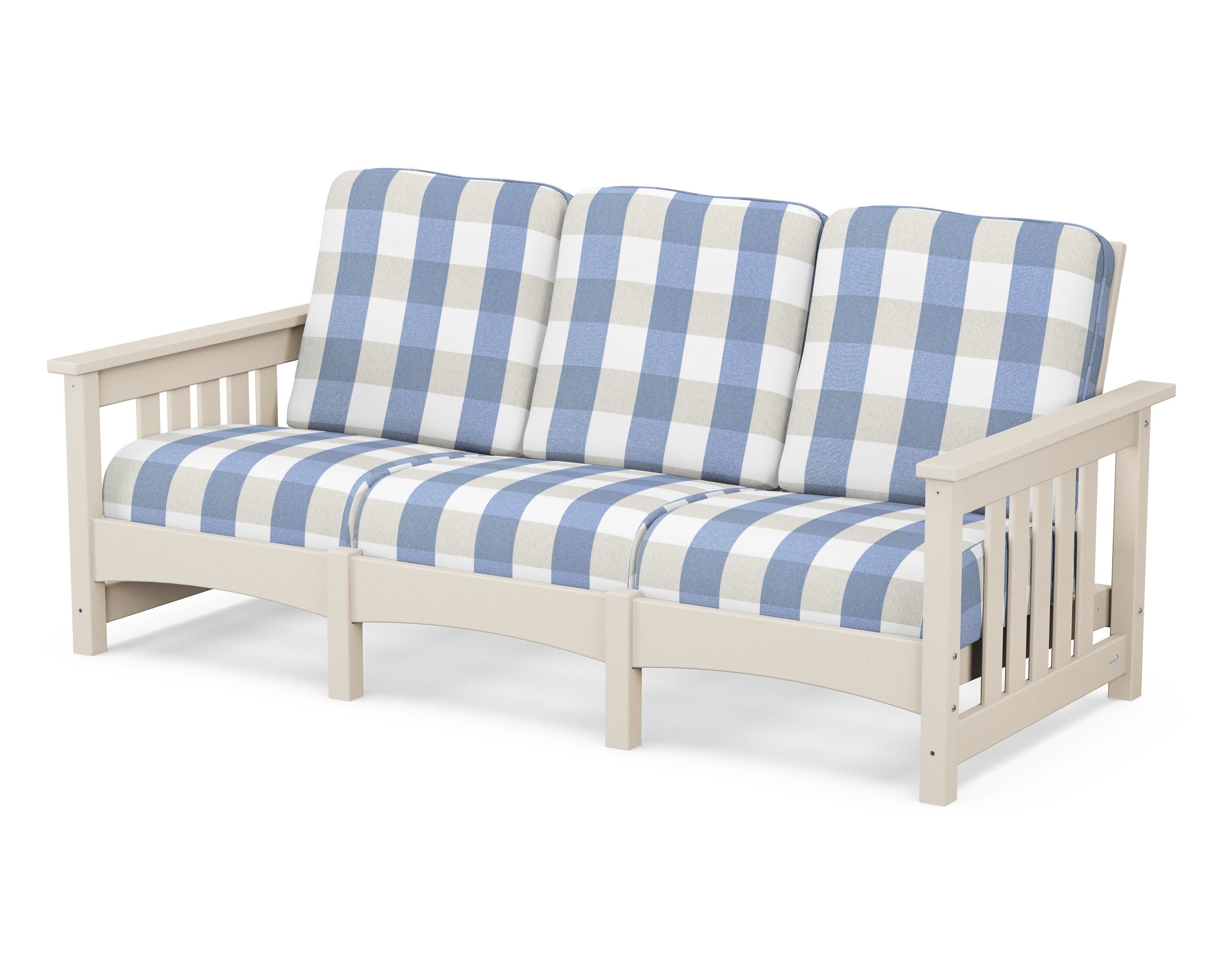 Club Mission Sofa in Sand / Buffalo Plaid Sky Blue