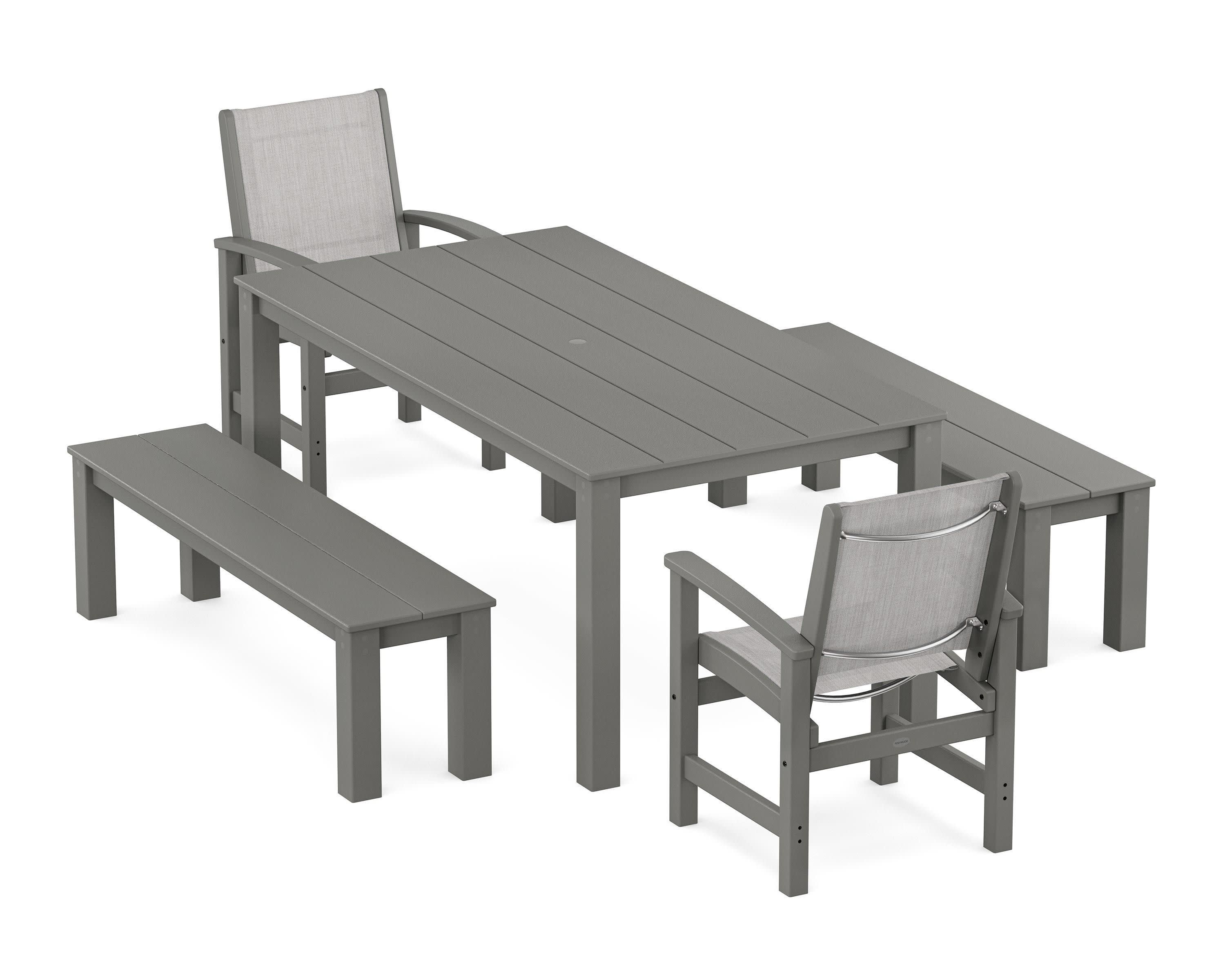 Coastal 5-Piece Parsons Dining Set with Benches in Teak / Dupioni Aquamarine Sling