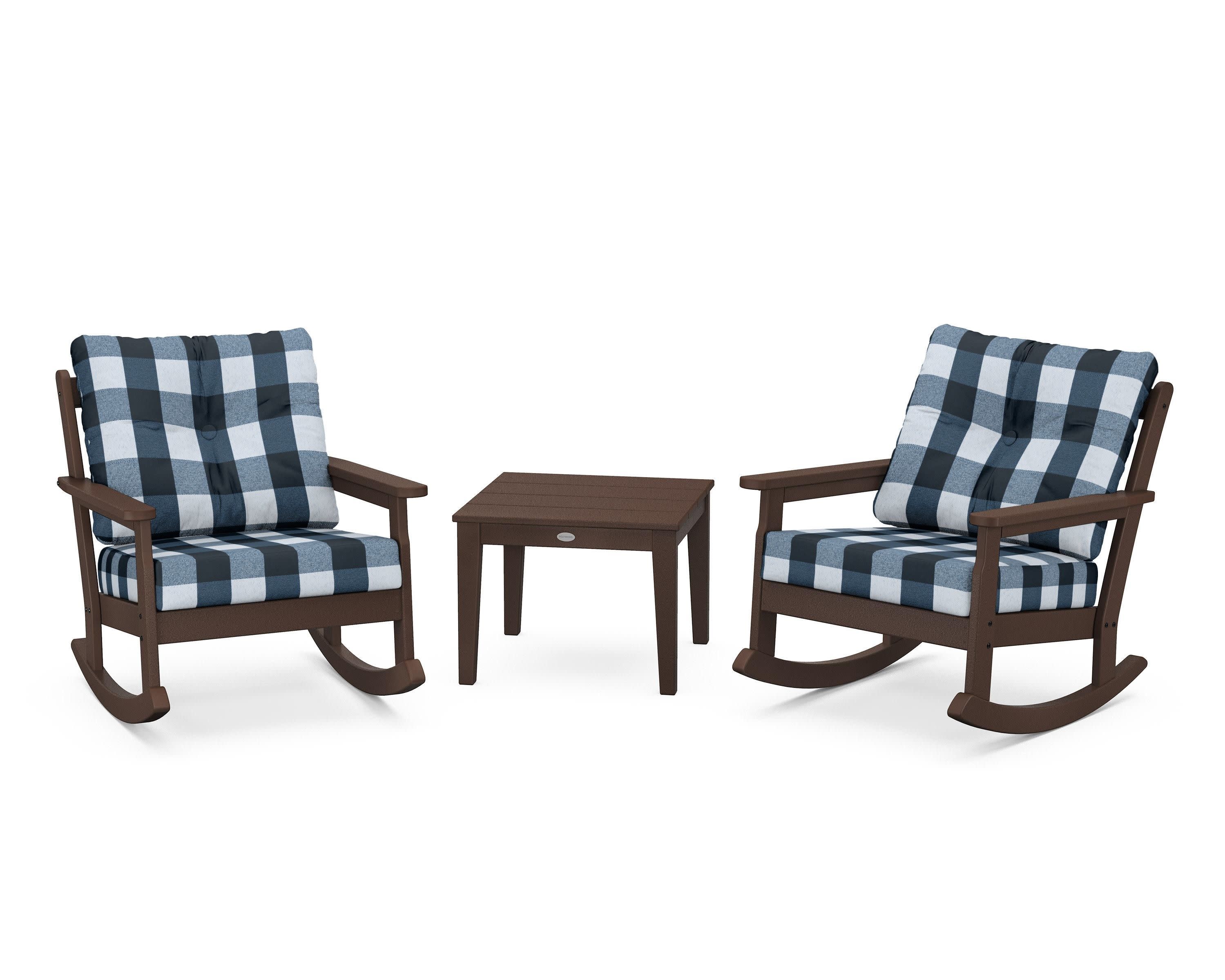 Vineyard 3-Piece Deep Seating Rocker Set in Mahogany / Buffalo Plaid Marine Indigo