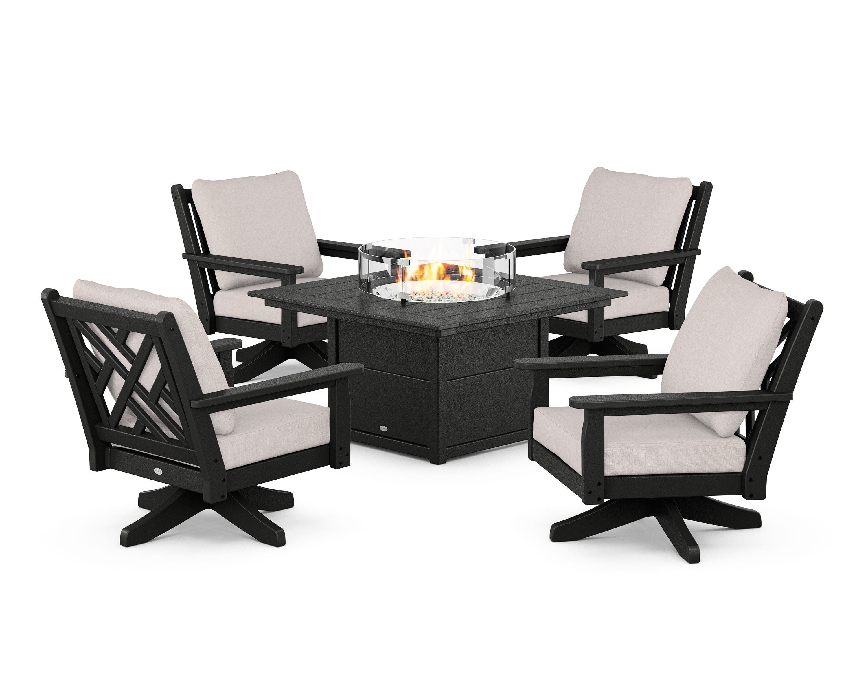 Chippendale 5-Piece Deep Seating Swivel Conversation Set with Fire Pit Table in Black / Dune Burlap