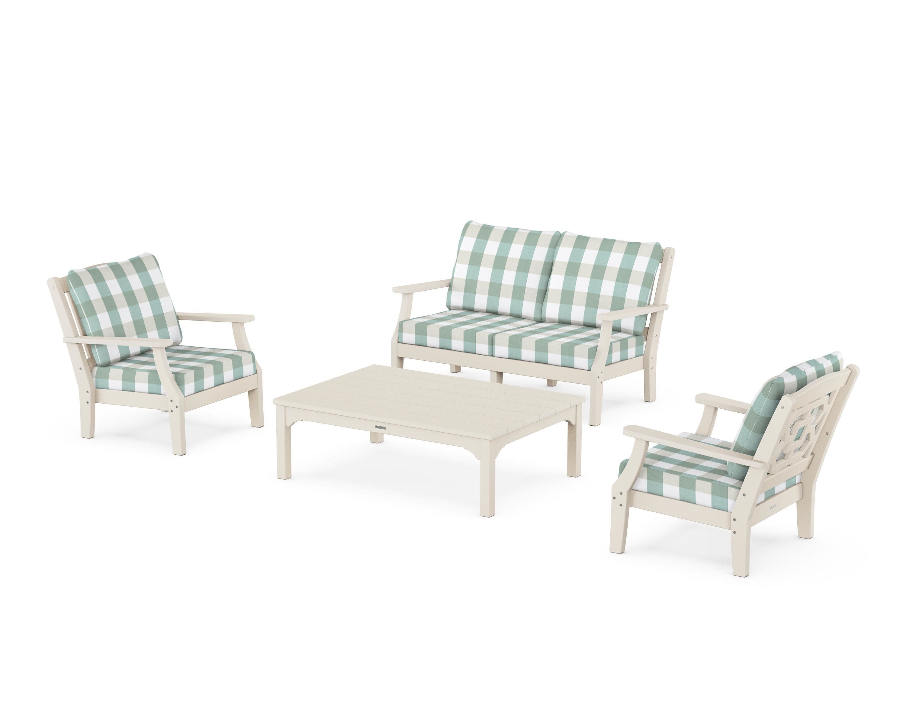 Chinoiserie 4-Piece Deep Seating Set with Loveseat in Sand / Buffalo Plaid Glacier Spa