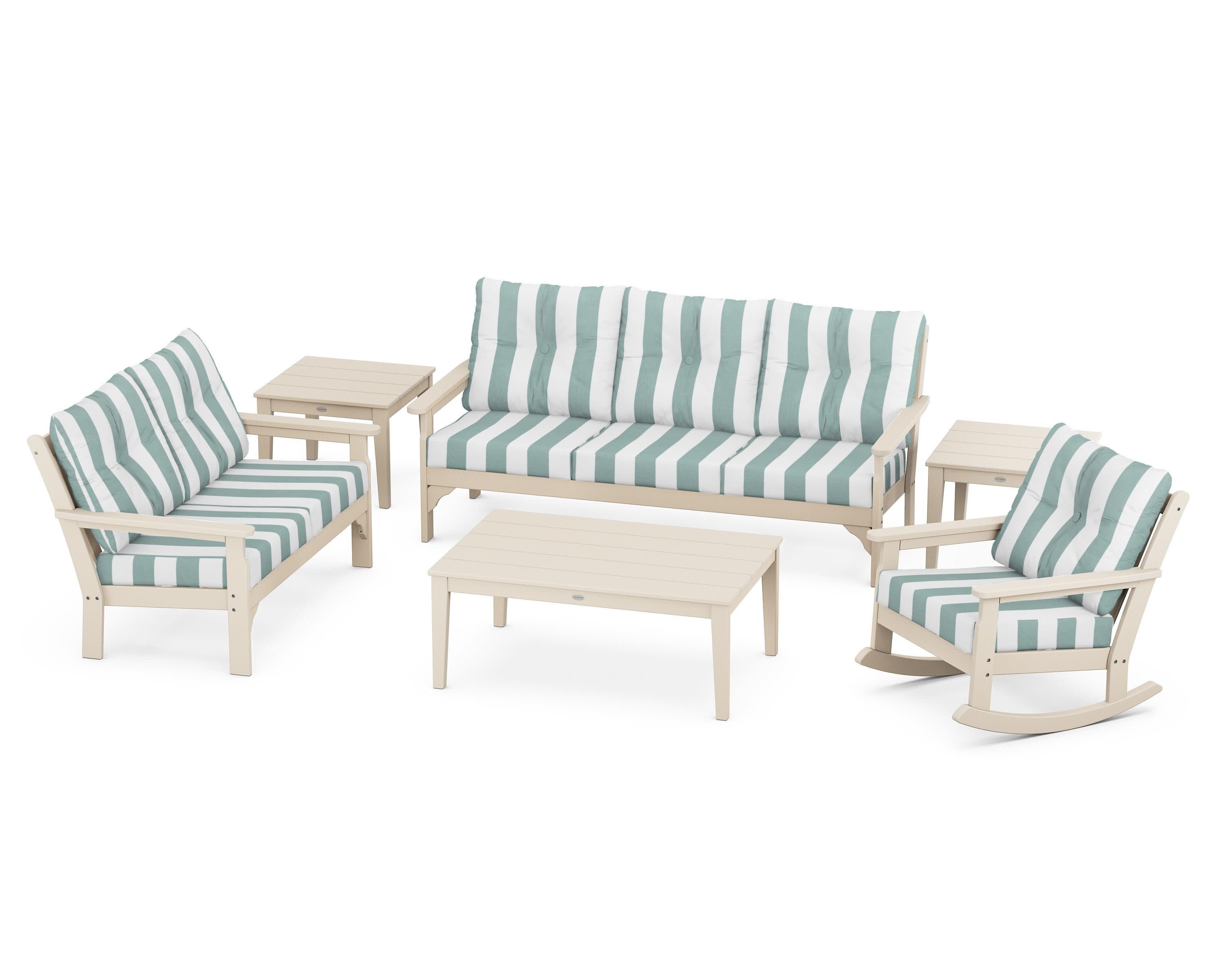 Vineyard 6-Piece Deep Seating Set in Sand / Cabana Stripe Glacier Spa