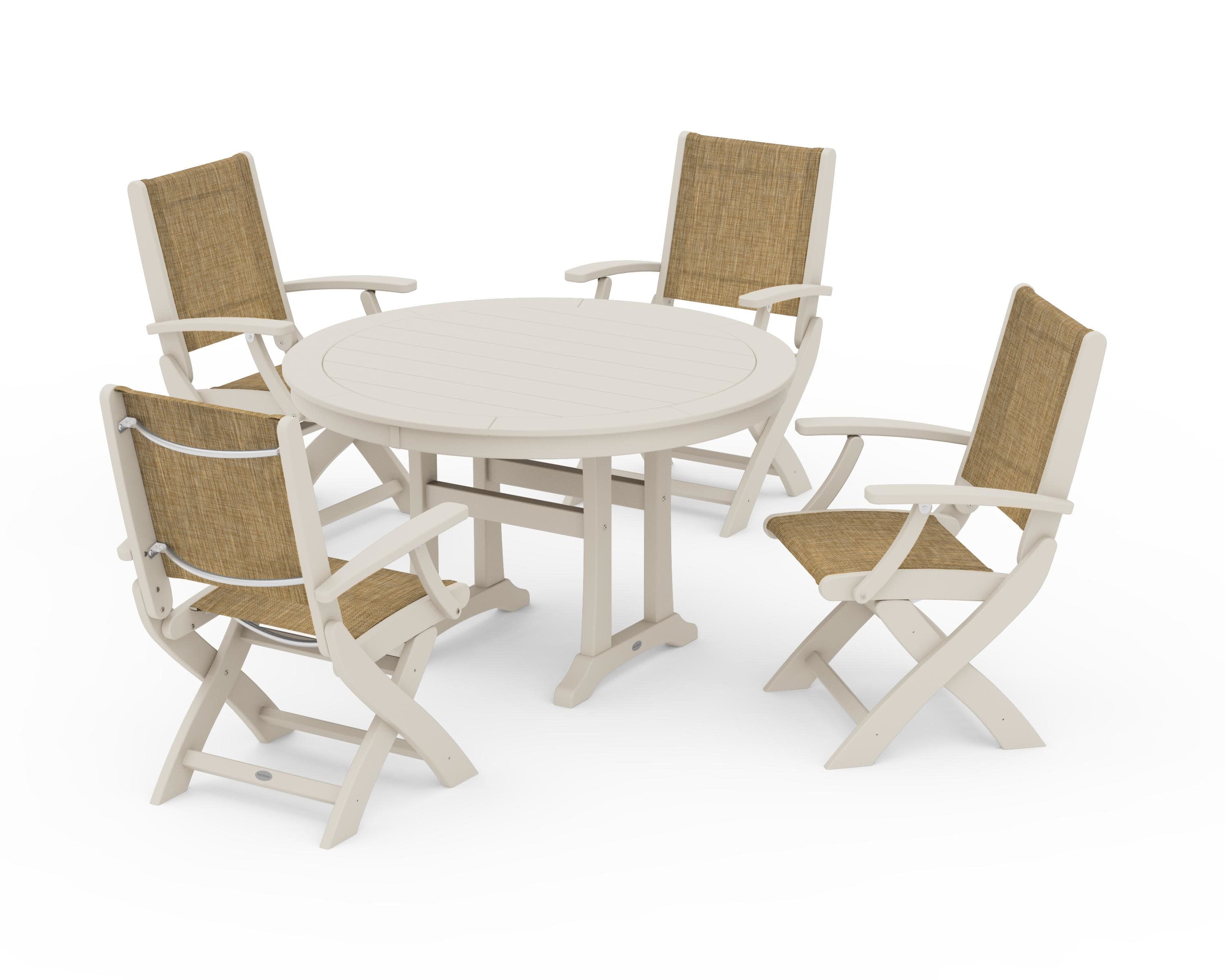 Coastal Folding Chair 5-Piece Round Dining Set with Trestle Legs in Sand / Burlap Sling