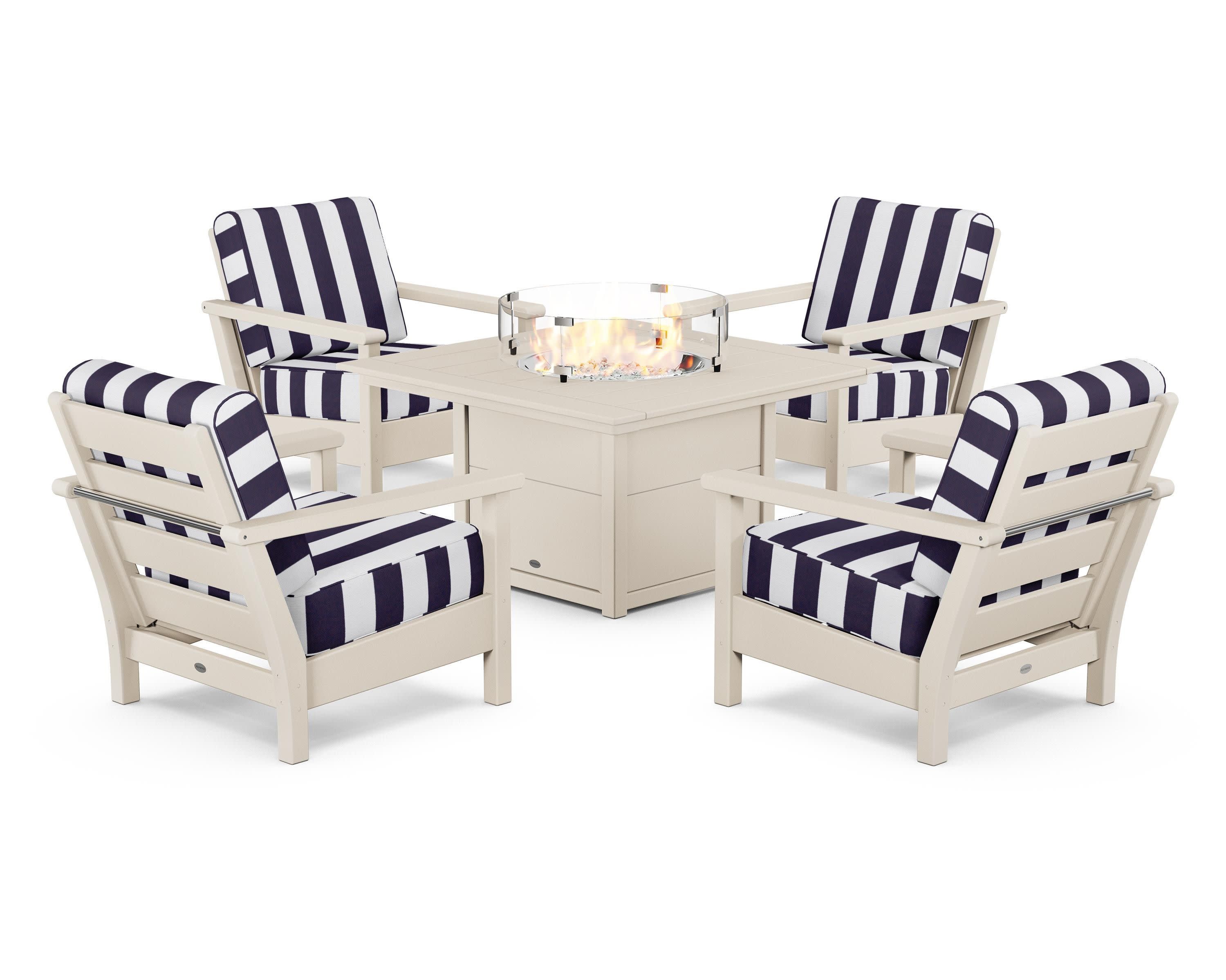 Harbour 5-Piece Conversation Set with Fire Pit Table in Sand / Cabana Stripe Navy