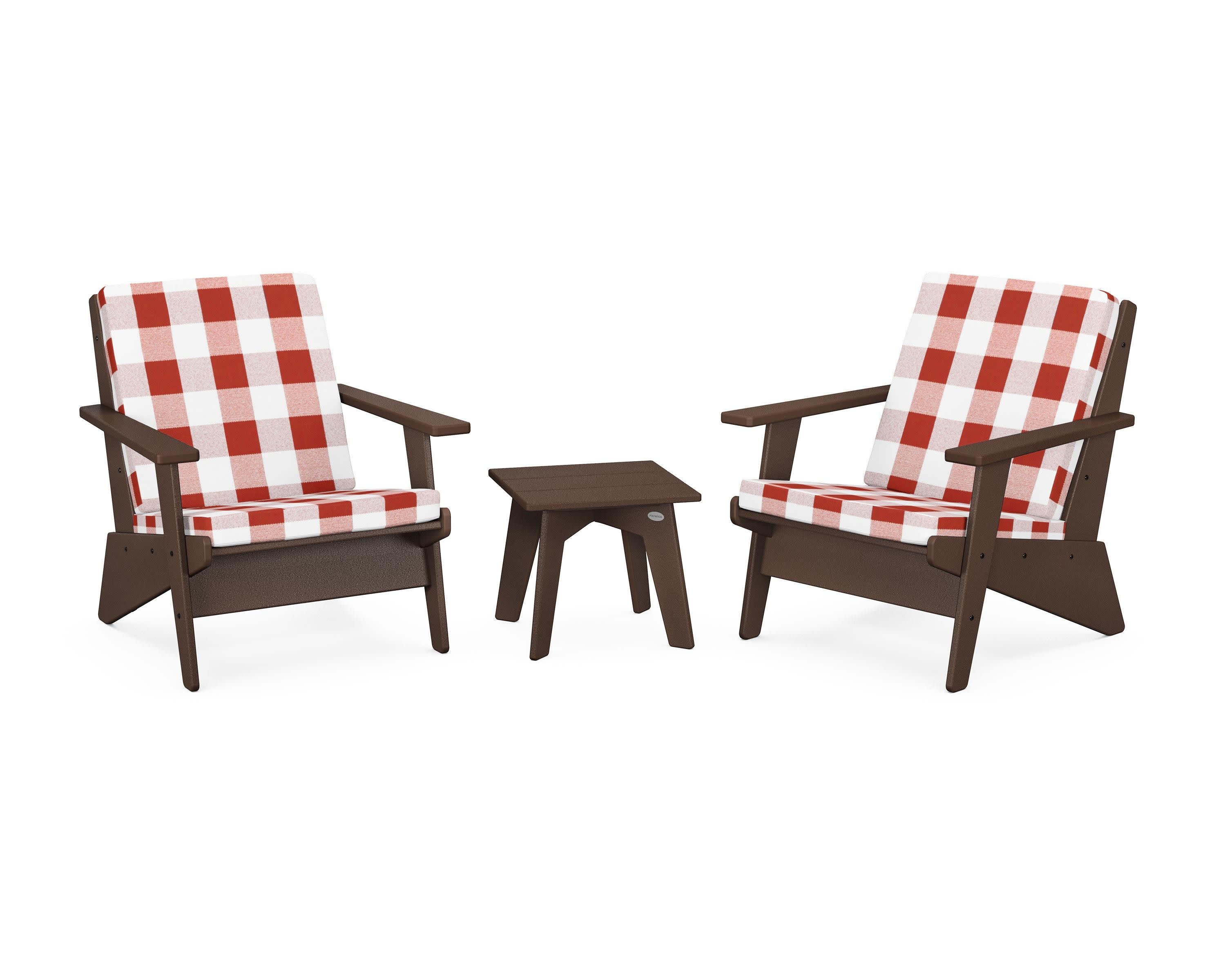 Riviera Modern Lounge 3-Piece Set in Mahogany / Buffalo Plaid Crimson