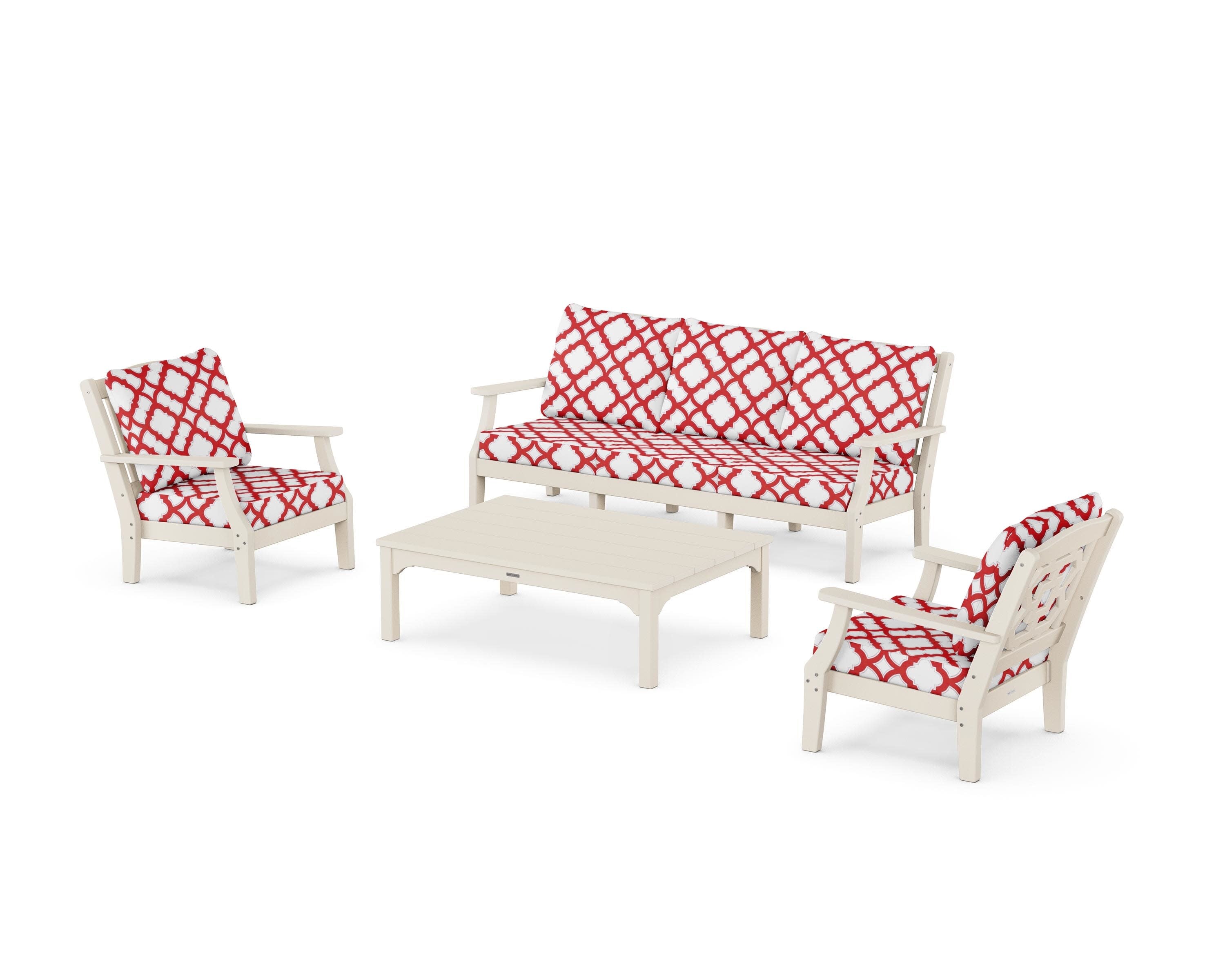 Chinoiserie 4-Piece Deep Seating Set with Sofa in Sand / Trellis Crimson