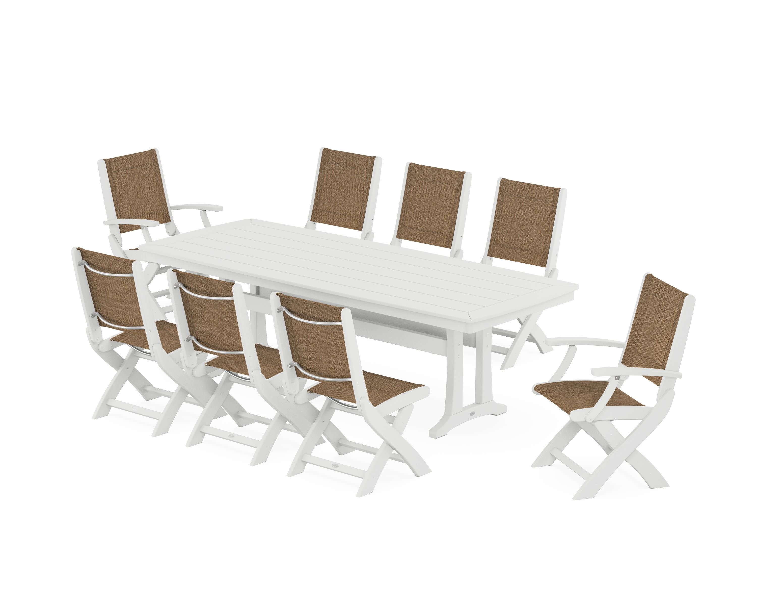 Coastal Folding 9-Piece Dining Set with Trestle Legs in White / Burlap Sling