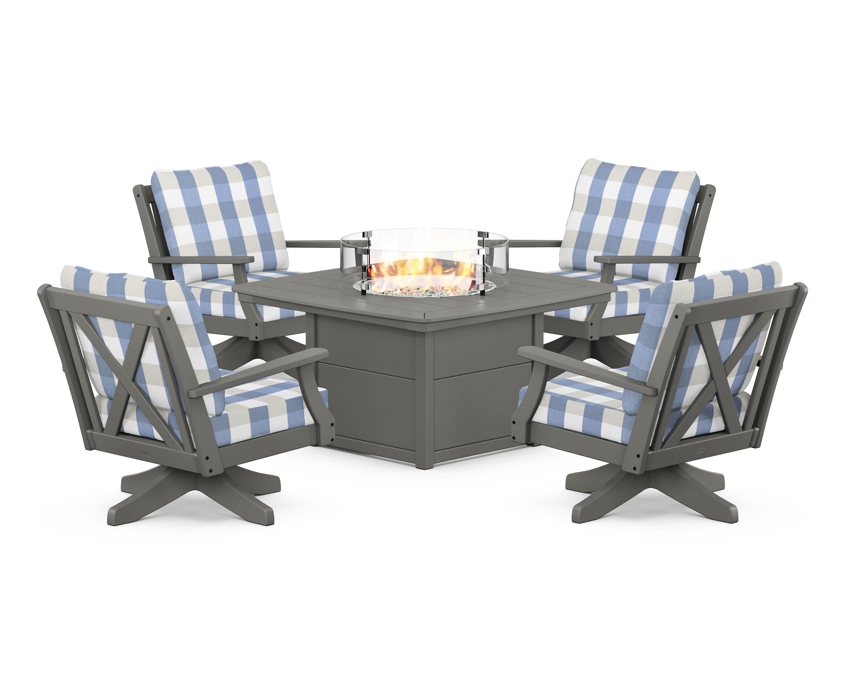Braxton 5-Piece Deep Seating Swivel Conversation Set with Fire Pit Table in Slate Grey / Buffalo Plaid Sky Blue