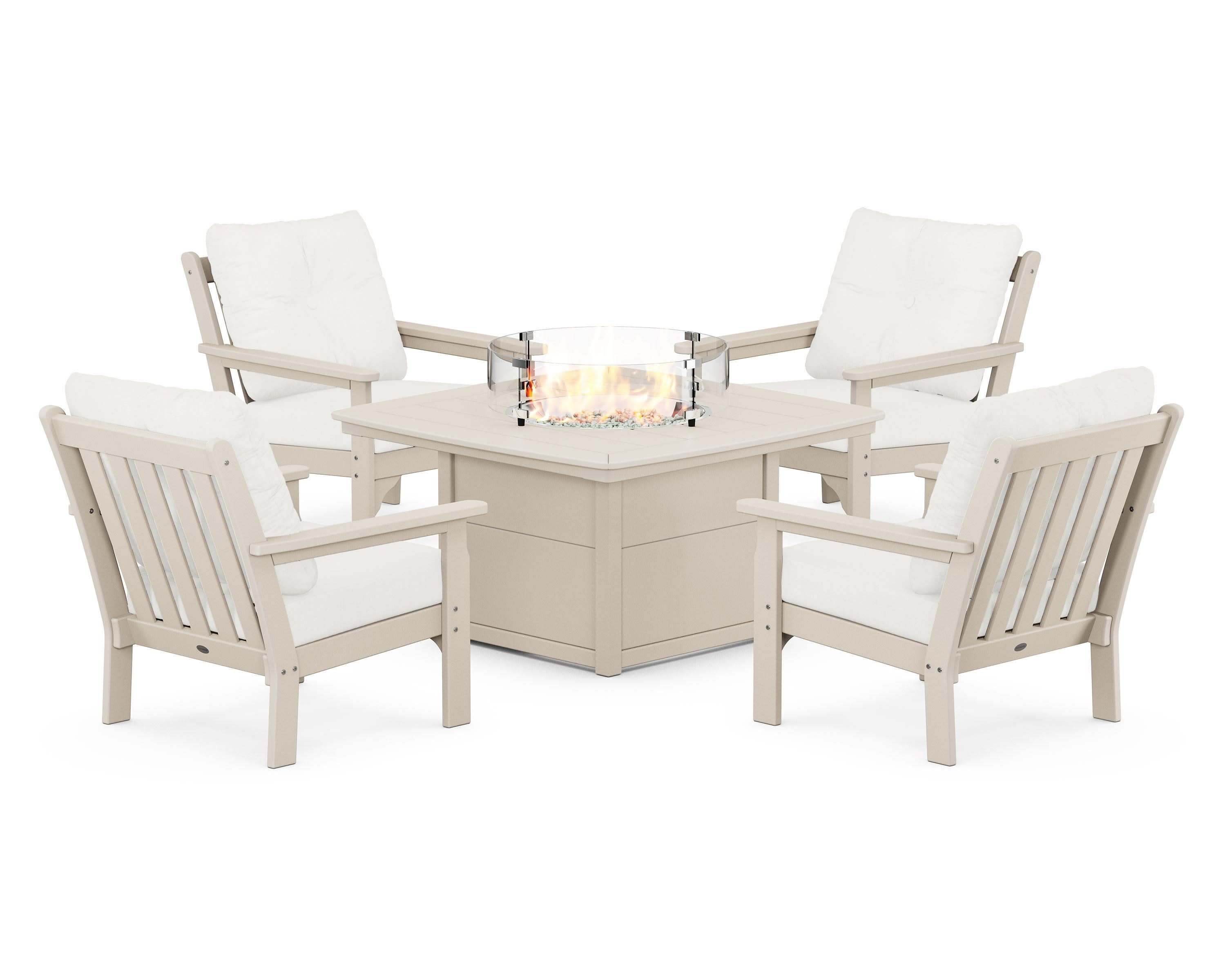 Vineyard 5-Piece Conversation Set with Fire Pit Table in Sand / Natural Linen