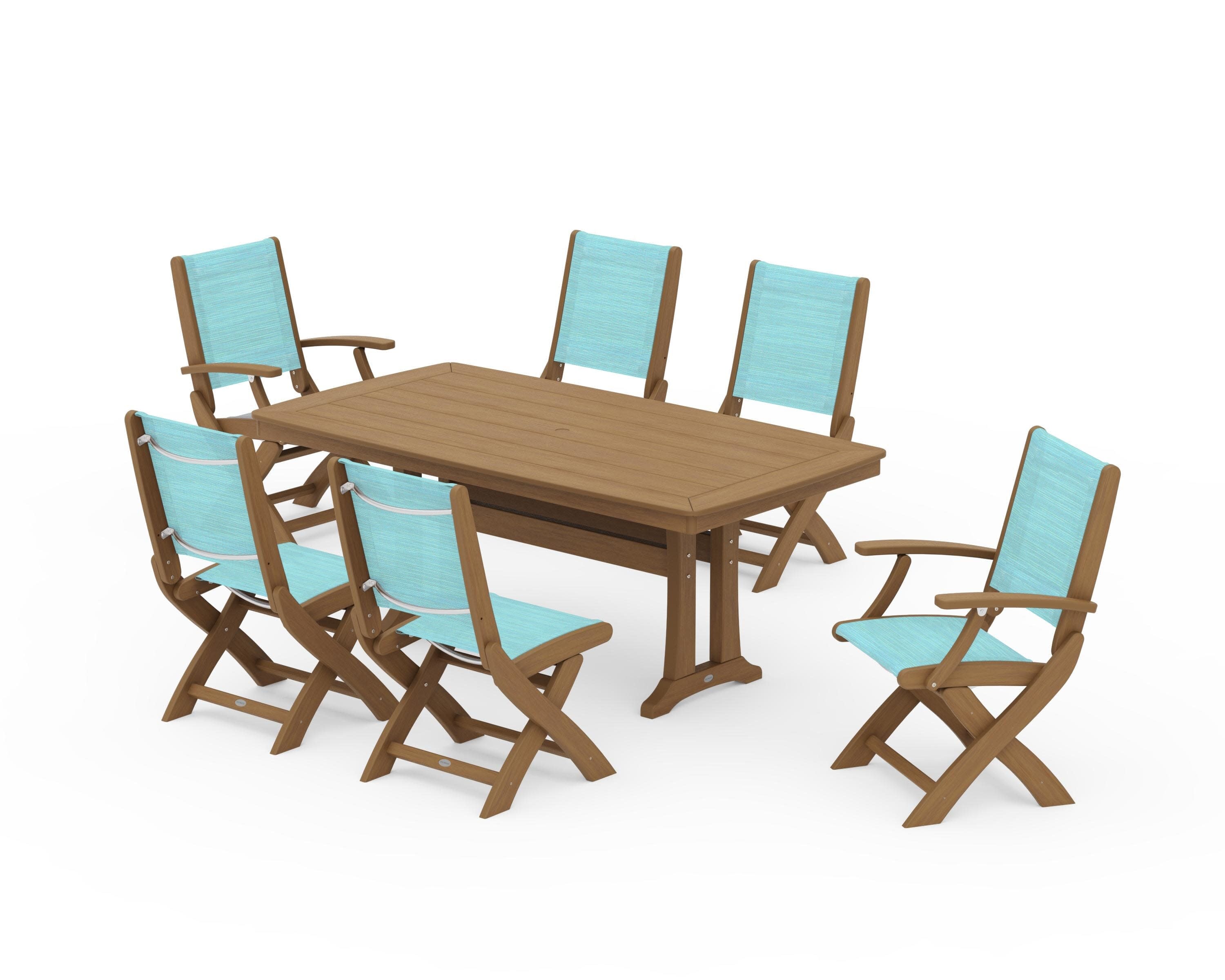 Coastal Folding Chair 7-Piece Dining Set with Trestle Legs in Natural / Dupioni Aquamarine Sling