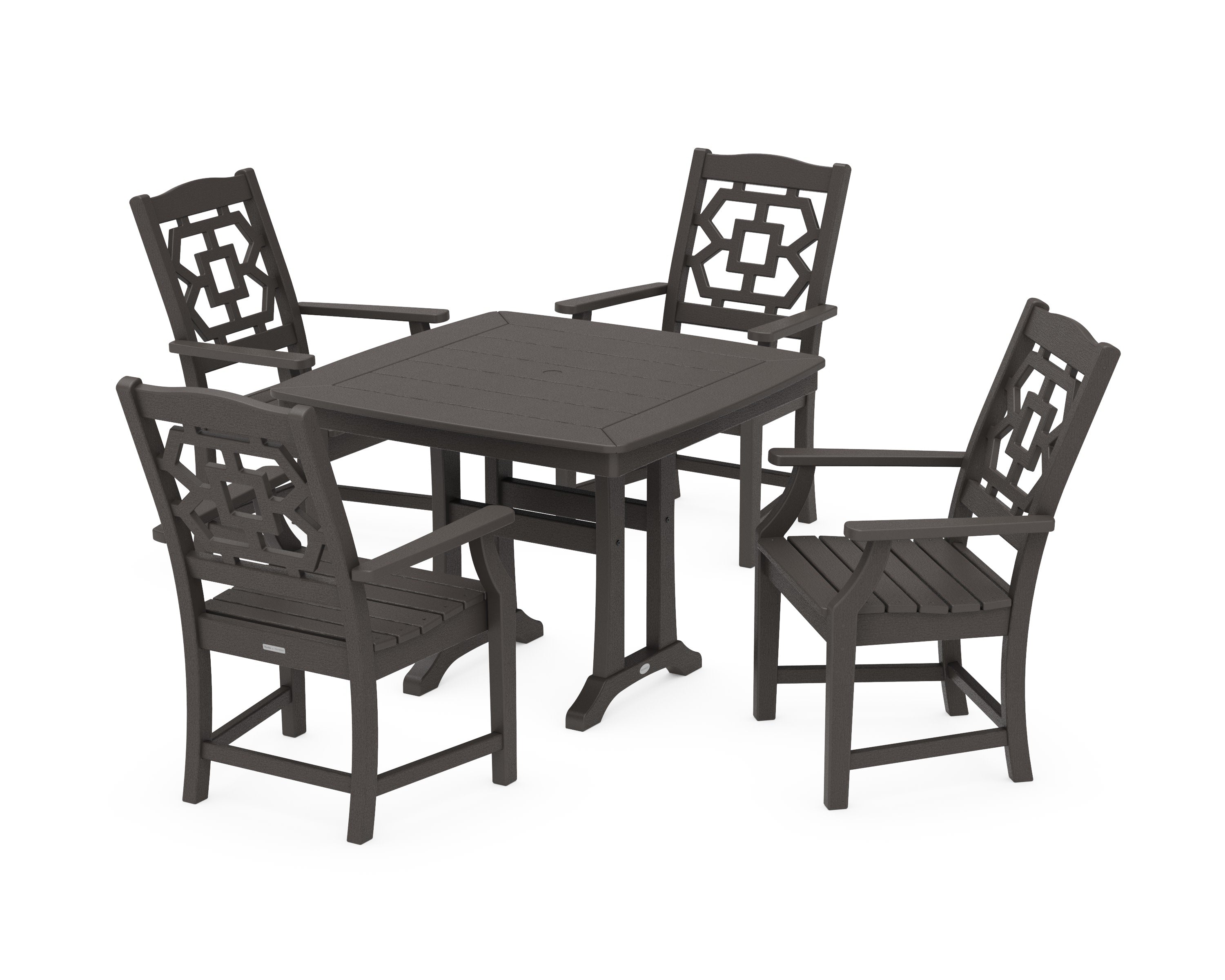 Chinoiserie 5-Piece Dining Set with Trestle Legs in Vintage Coffee