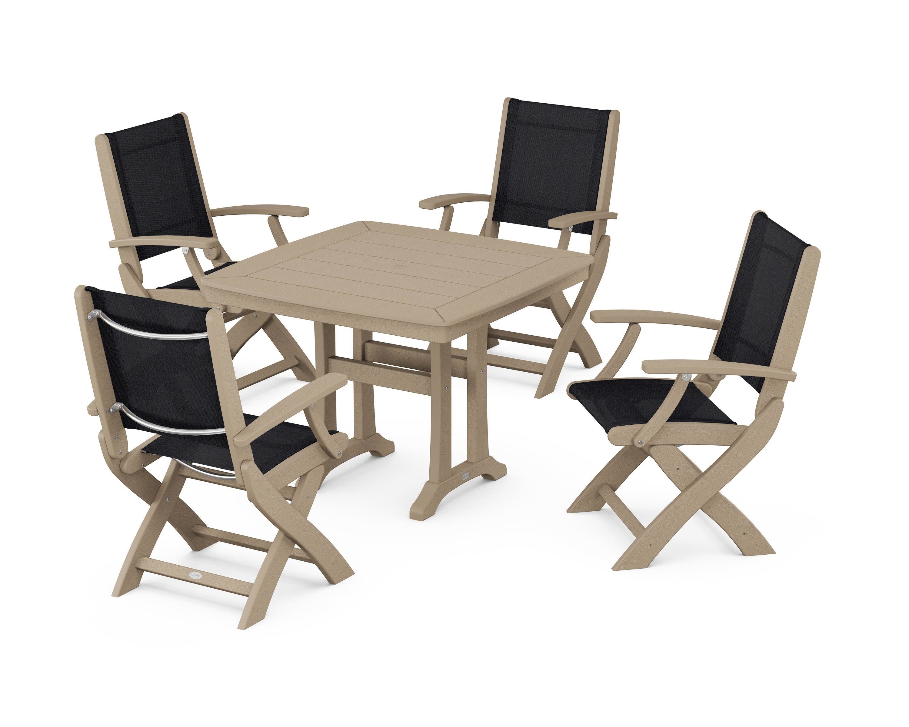 Coastal Folding Chair 5-Piece Dining Set with Trestle Legs in Vintage Sahara / Black Sling