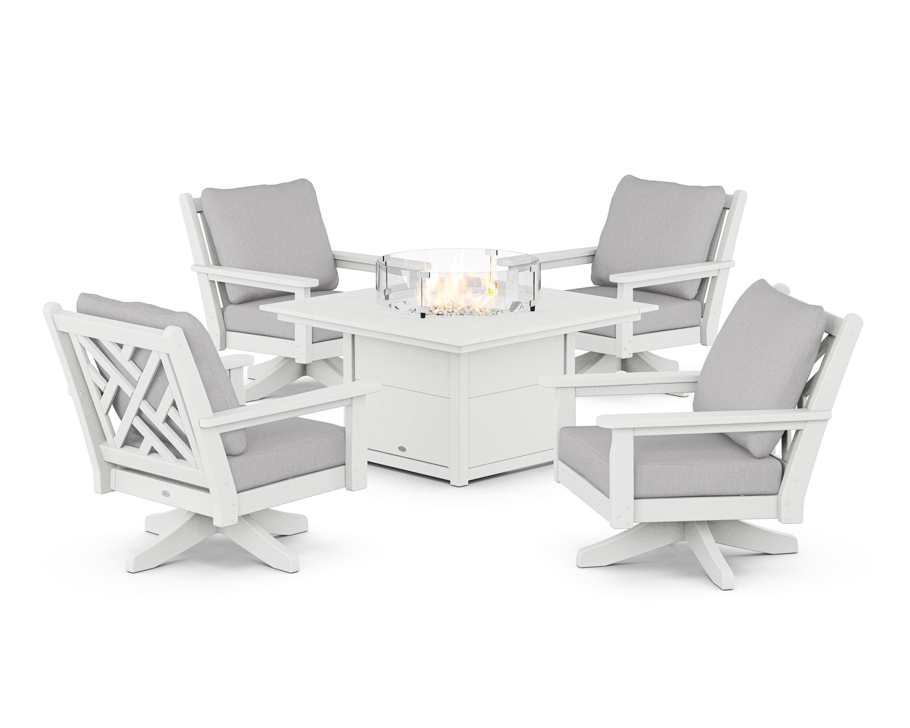 Chippendale 5-Piece Deep Seating Swivel Conversation Set with Fire Pit Table in White / Granite