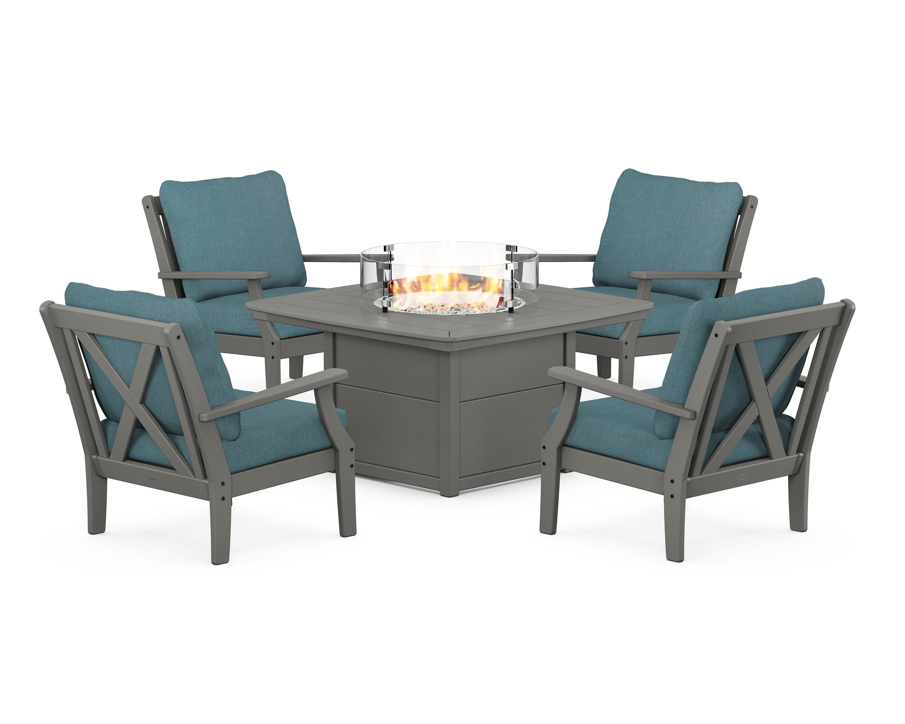 Braxton 5-Piece Deep Seating Conversation Set with Fire Pit Table in Slate Grey / Ocean Teal