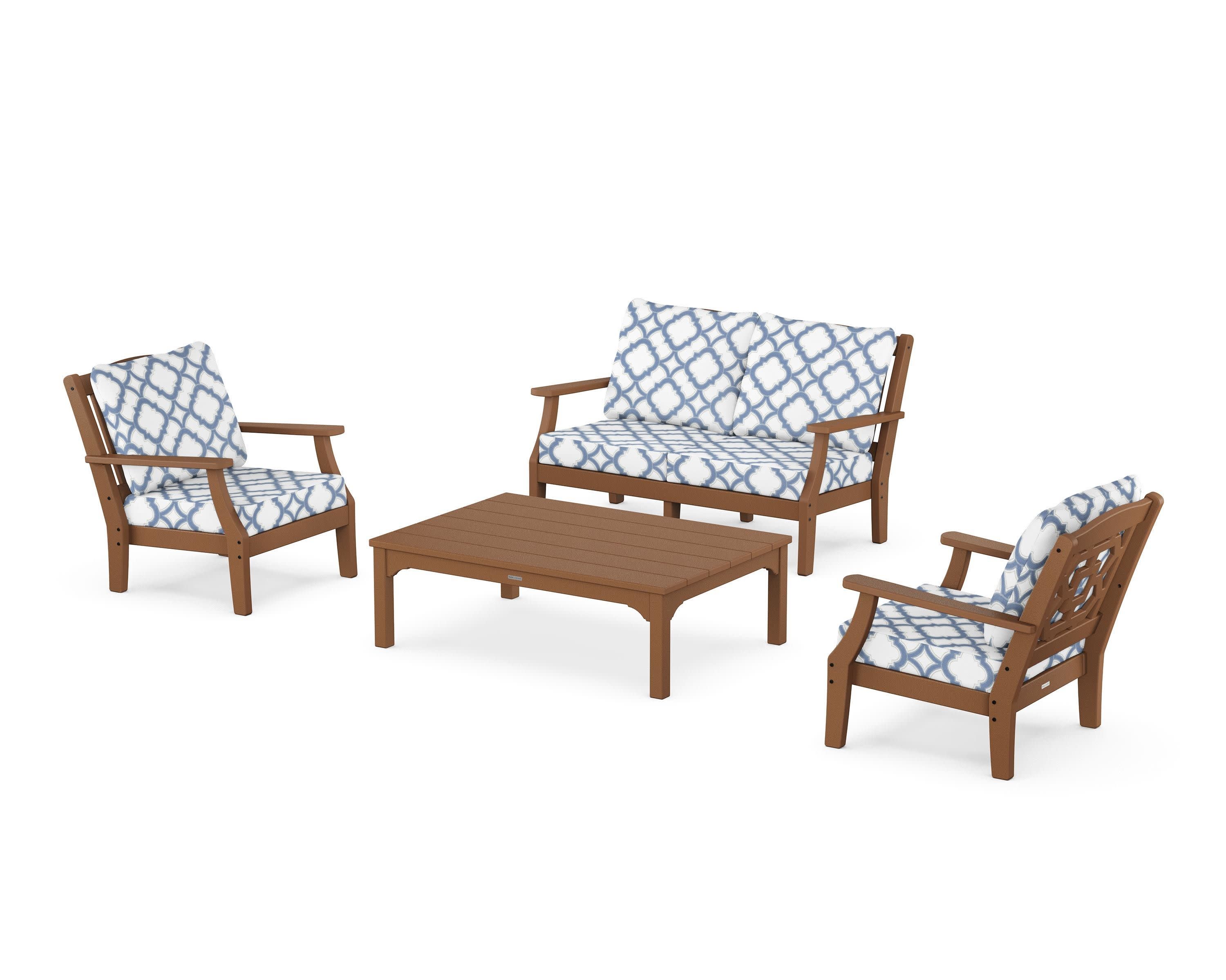 Chinoiserie 4-Piece Deep Seating Set with Loveseat in Teak / Trellis Sky Blue