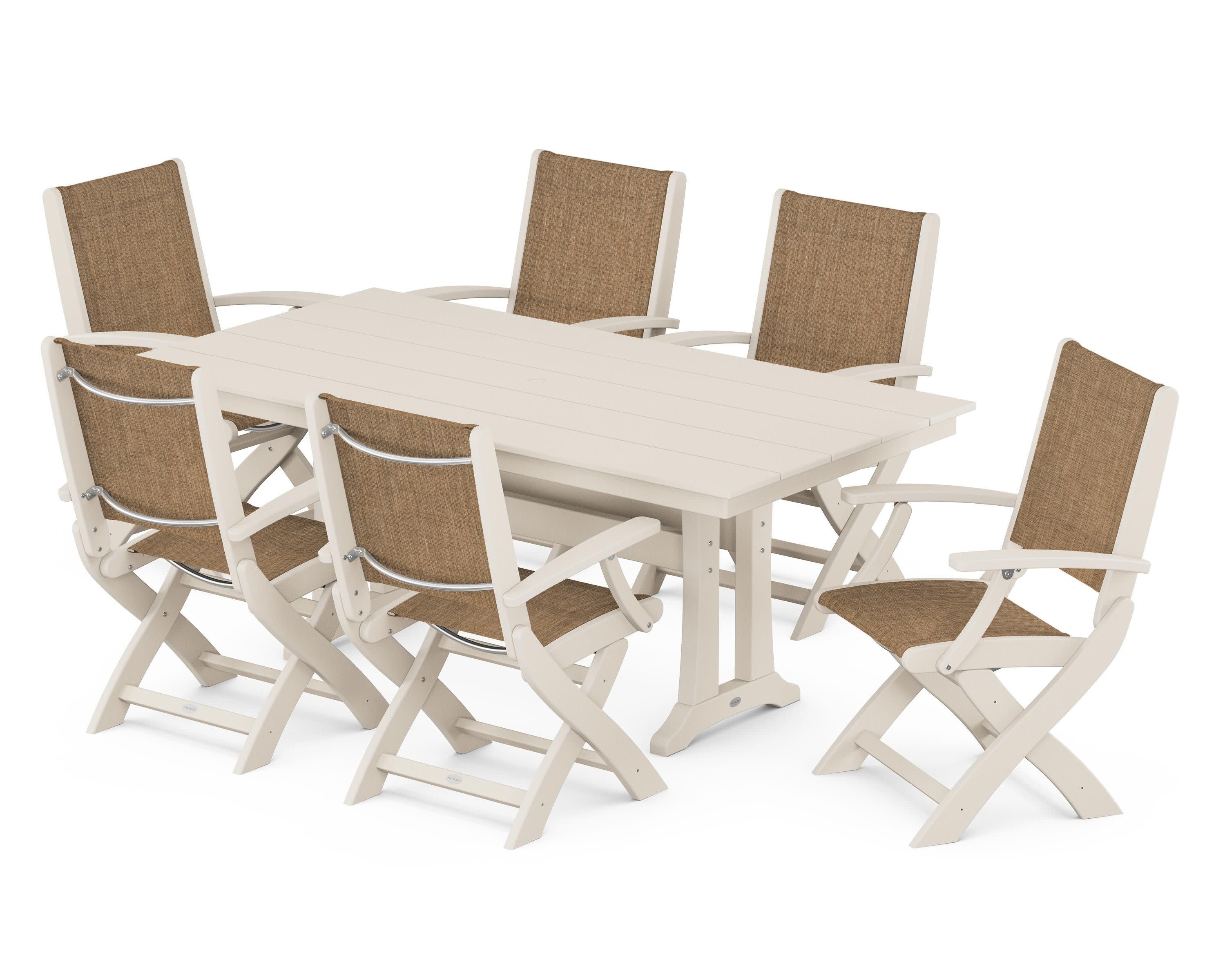 Coastal Folding Arm Chair 7-Piece Farmhouse Dining Set with Trestle Legs in Sand / Burlap Sling